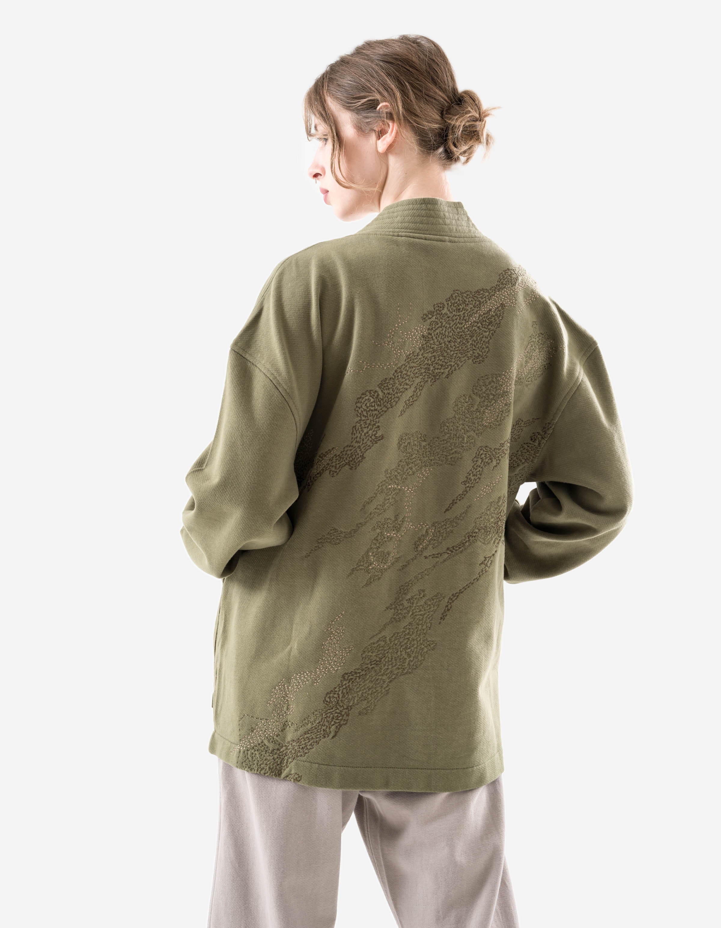 6222 Sashiko Bonsai Sweat Kimono Jacket - Olive OG 107F Japanese Streetwear for Men | Casual Wear, Loungewear & Outdoor Fashion