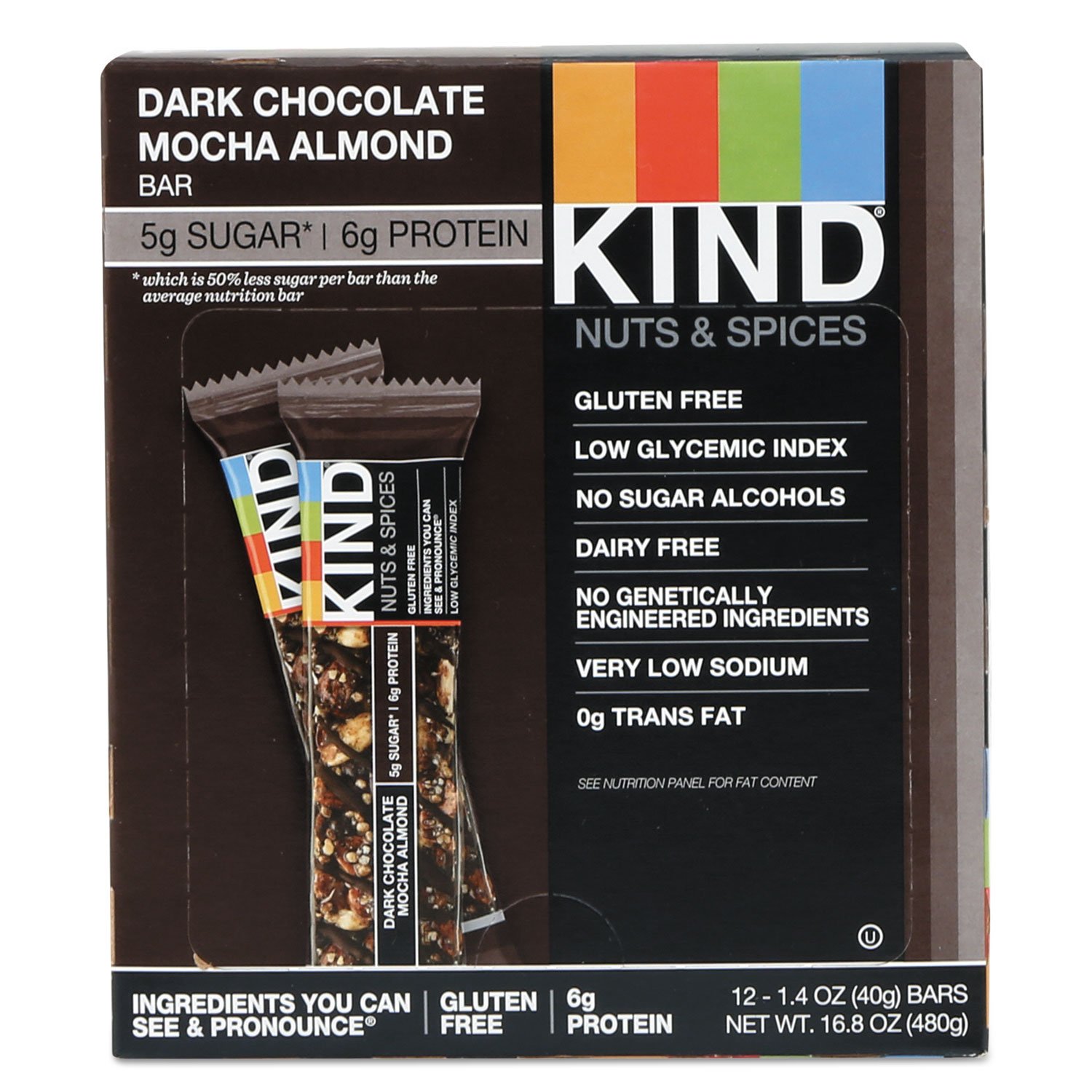 KIND Bars, Dark Chocolate Mocha Almond - Healthy Gluten Free Snacks with 5g Protein & Low Sugar (12 Count) | Perfect for On-the-Go Breakfast, Office Snacks & Post-Workout Energy Boost