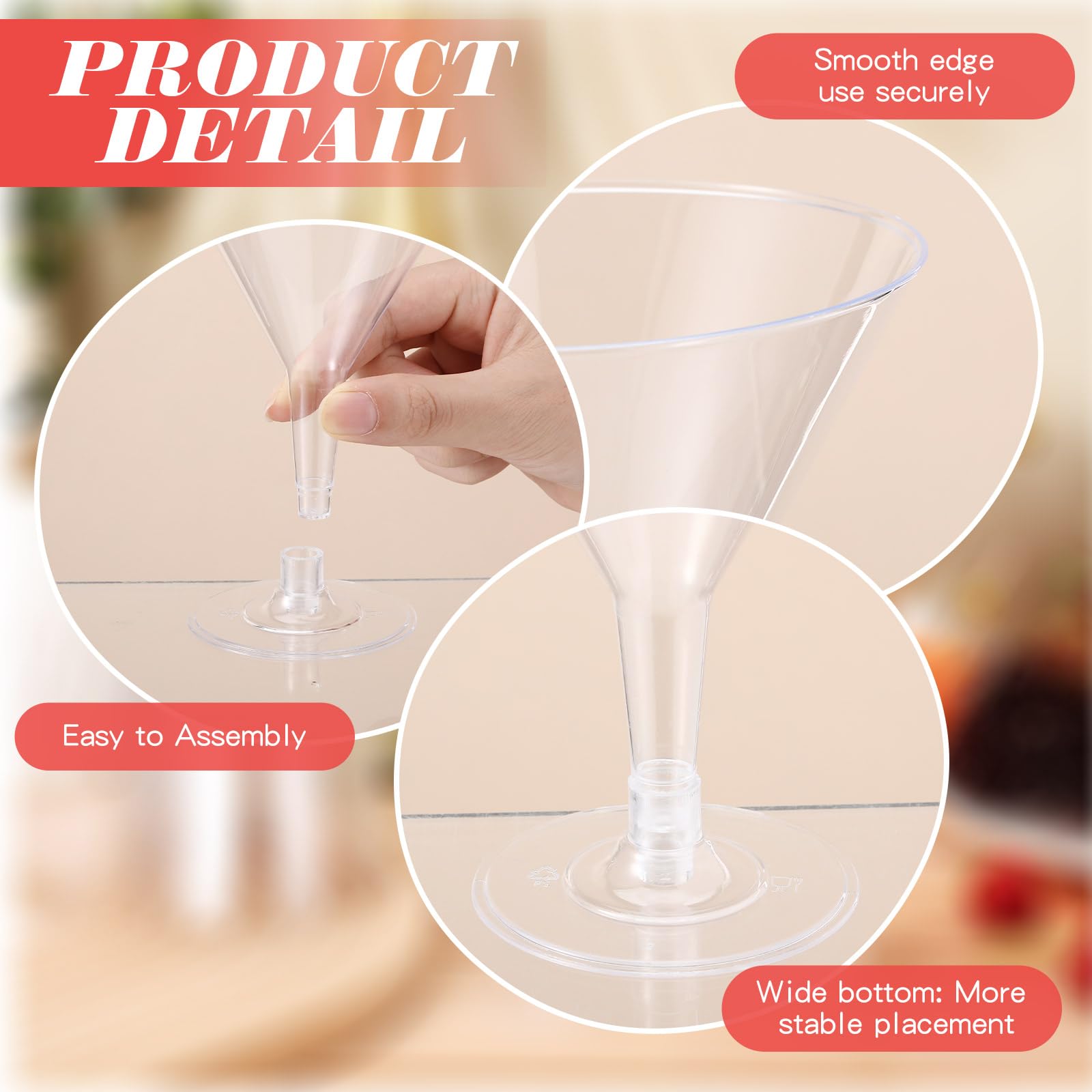 Disposable Clear Plastic Martini Glasses with Gold Pearl Cocktail Picks - 100-Piece 7oz Set for Weddings, Parties & Events - Perfect for Cocktails, Wine, Desserts & Appetizers