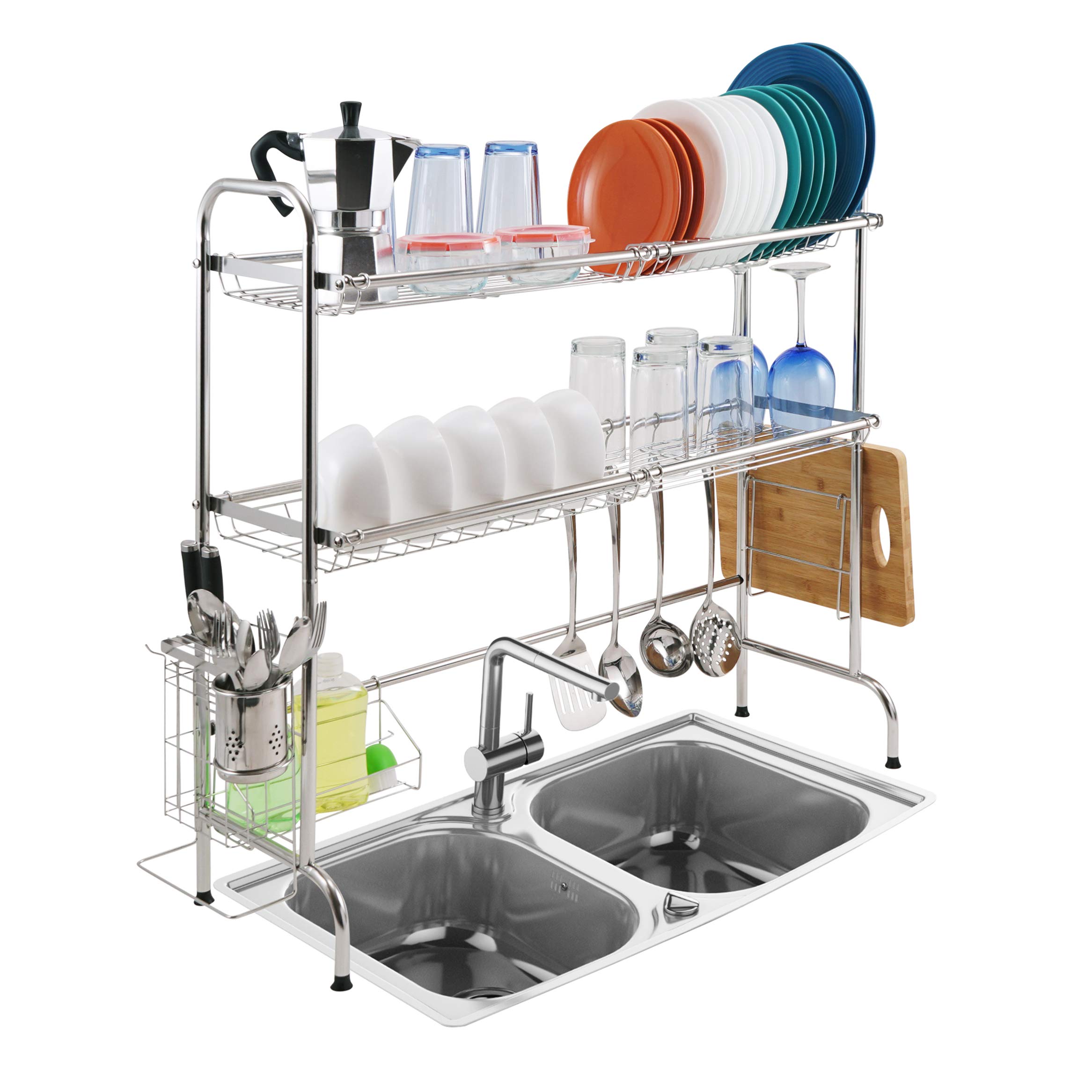 2-Tier Stainless Steel Over The Sink Dish Drying Rack with Non-Slip Feet - Large Kitchen Counter Utensil Drainer & Organizer for Plates, Pots, Cutting Boards - Perfect for Small Kitchens & Apartment Living