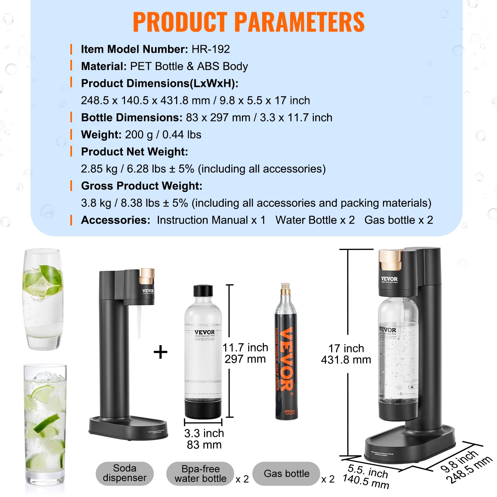 VEVOR Sparkling Water Maker - Home Soda Machine with 2 BPA-Free 1L Bottles & 2 CO2 Cylinders (60L Compatible) | Make Carbonated Drinks for Parties, Healthy Hydration & DIY Sodas