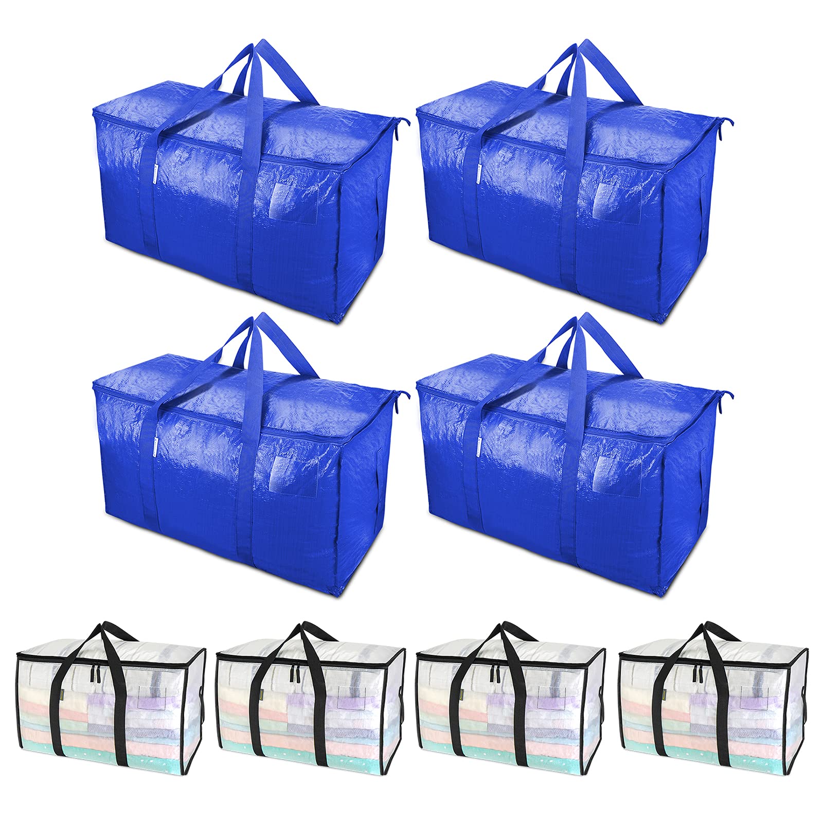 TICONN 4-Pack Extra Large Moving Bags + 4-Pack Oversized Storage Bags - Heavy Duty Reusable Cloth Bins for Moving, Home Organization & Storage (Perfect for Clothes, Toys, Blankets & Seasonal Items)