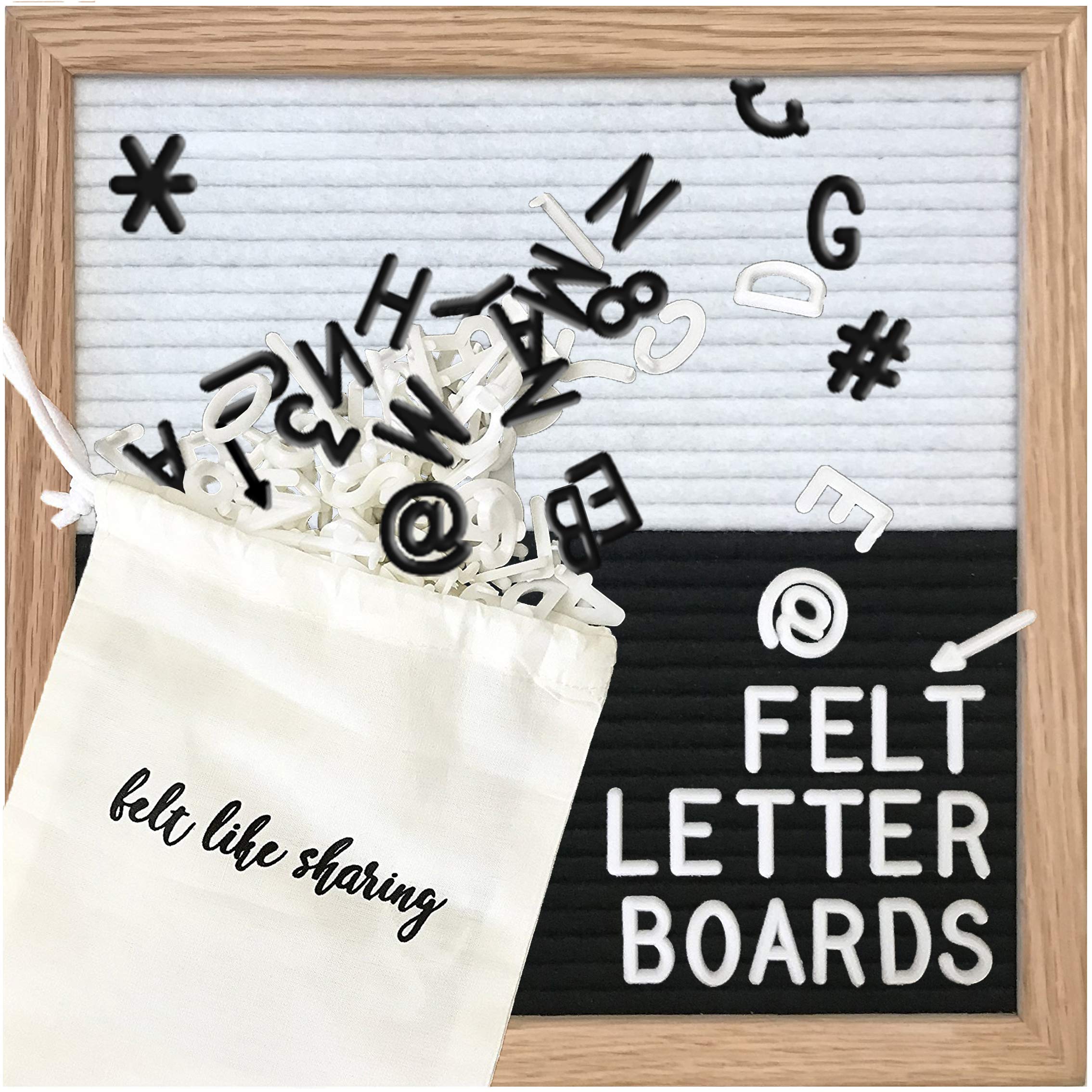 10x10 Inch Felt Letter Board with 300 Changeable Letters - White Oak Frame Message Board for Baby Announcements, Milestones, Office & Home Decor - Perfect for Birthdays, Weddings, and Seasonal Displays (Black & White)