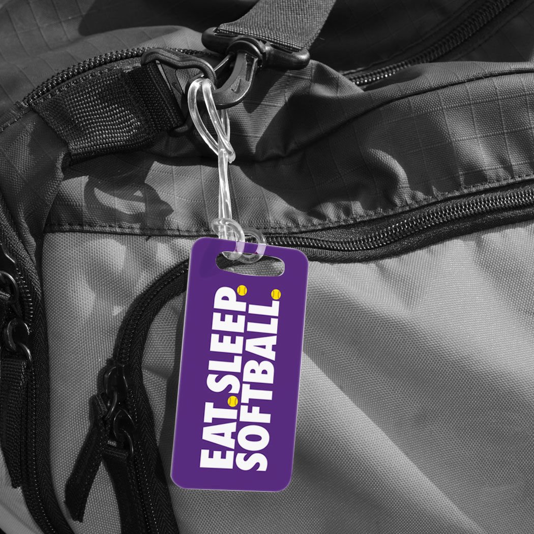 Custom Purple Softball Luggage Tag - Personalized Name & Info on Back - Perfect for Travel, Sports Gear & Softball Tournaments - Eat Sleep Softball Design