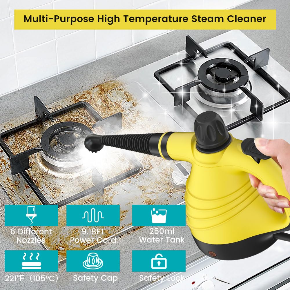 Powerful Handheld Steam Cleaner with 9 Accessories & Safety Lock - Multi-Surface Home Steamer for Car, Bathroom, Tile, Upholstery | Deep Cleaning Floors, Windows, Showers & Grout | Chemical-Free Sanitizing Solution