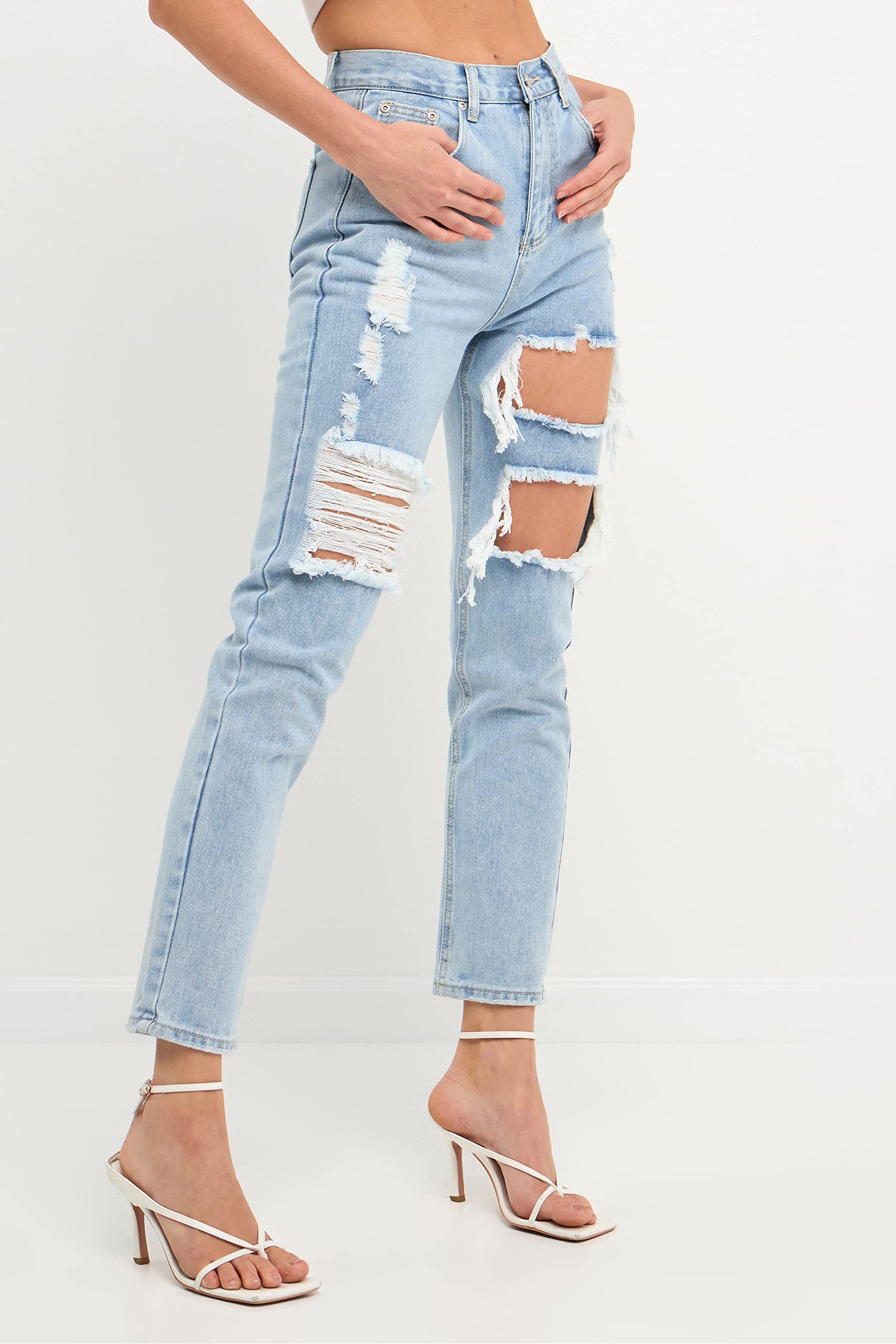 Women's High Waist Cut Out Ripped Straight Leg Jeans - Distressed Denim Pants for Casual Wear & Street Style Outfits