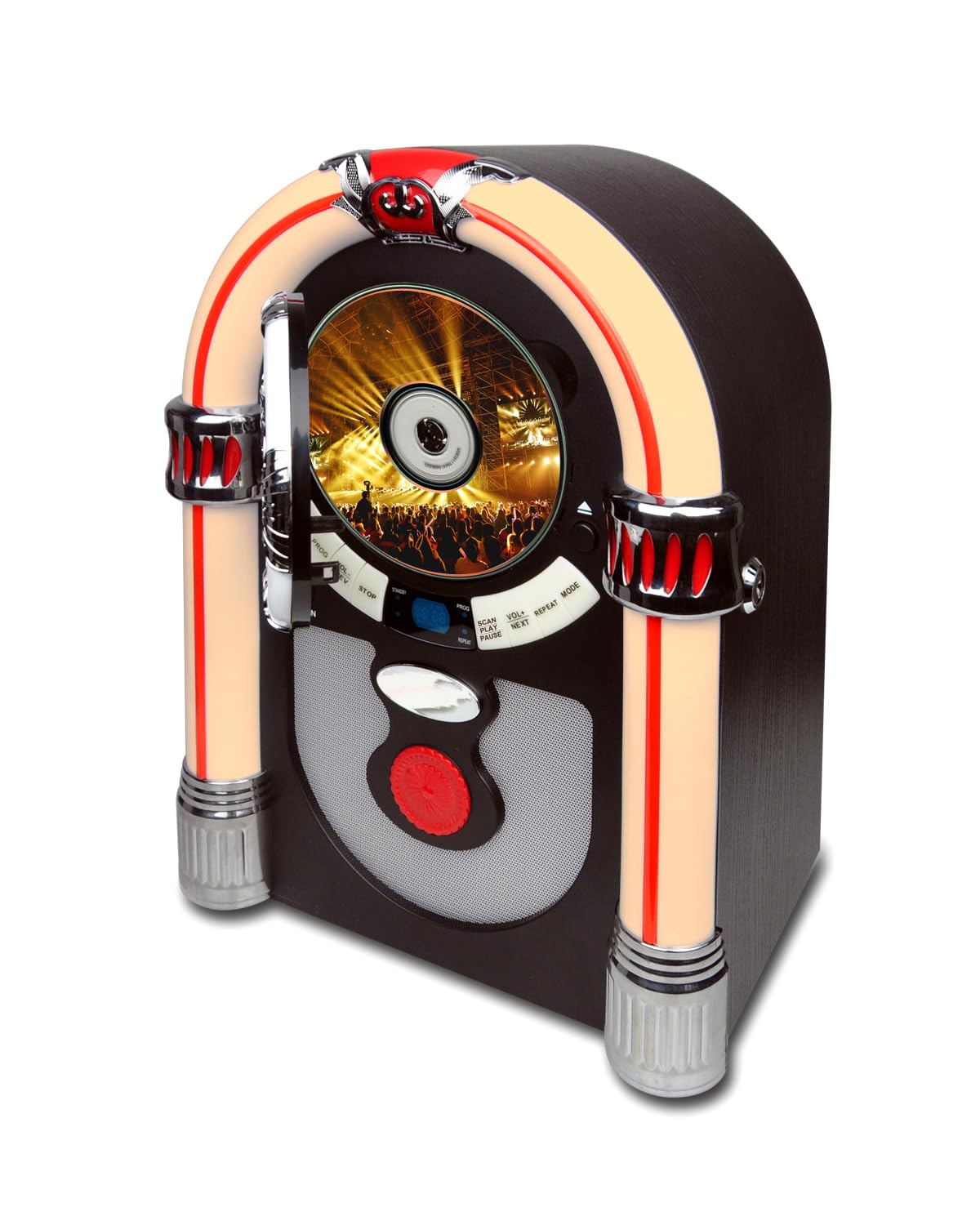 Retro Bluetooth Jukebox with CD Player & FM Radio - Vintage Wireless Speaker with Aux-in Port, Color Changing LED Lights for Home Decor, Parties & Gifts (Brown)
