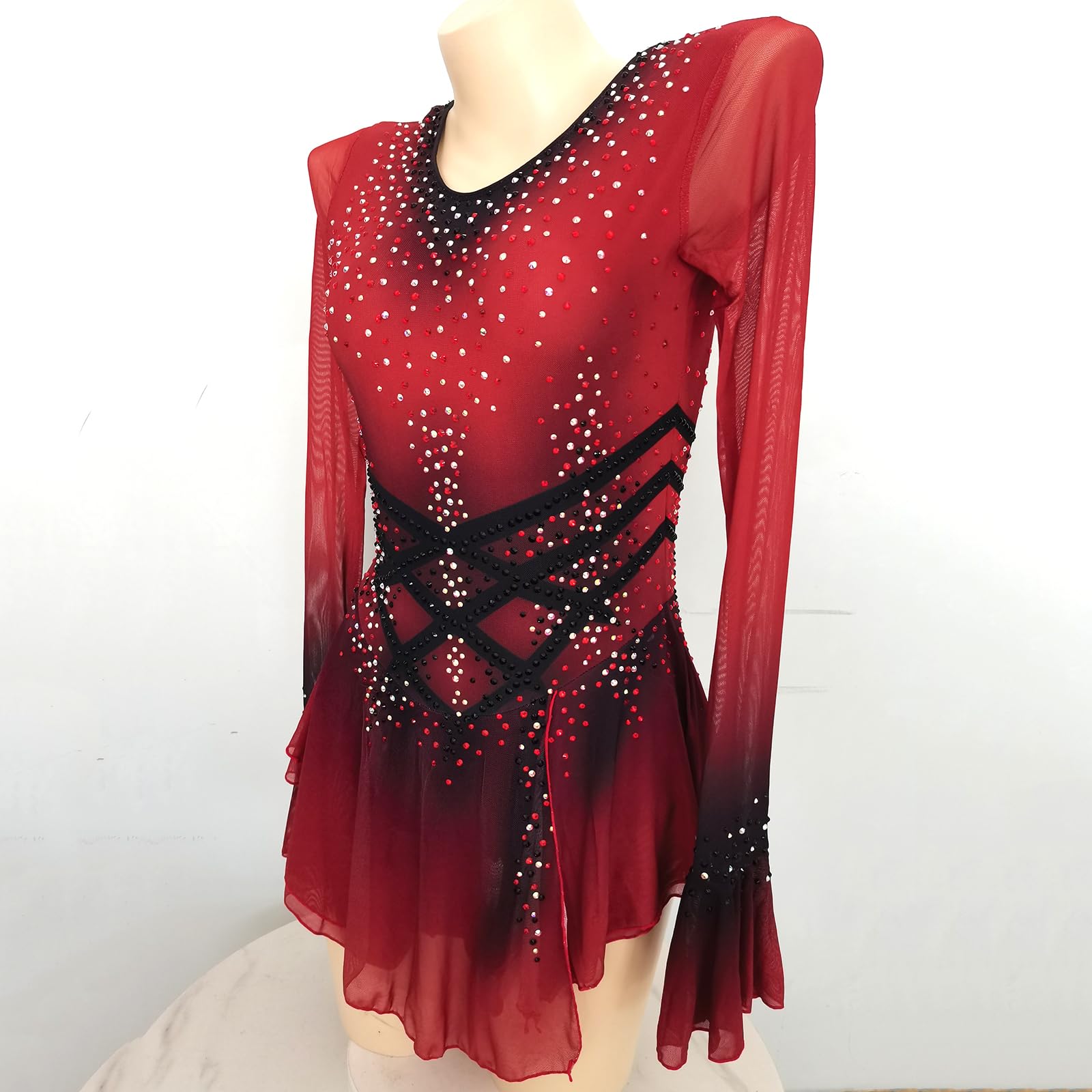 Girl's Red Long Sleeve Figure Skating Dress with Sparkling Rhinestones - Elegant Ice Skating Costume for Competitions & Performances - Perfect for Ice Shows, Recitals, and Winter Sports Events