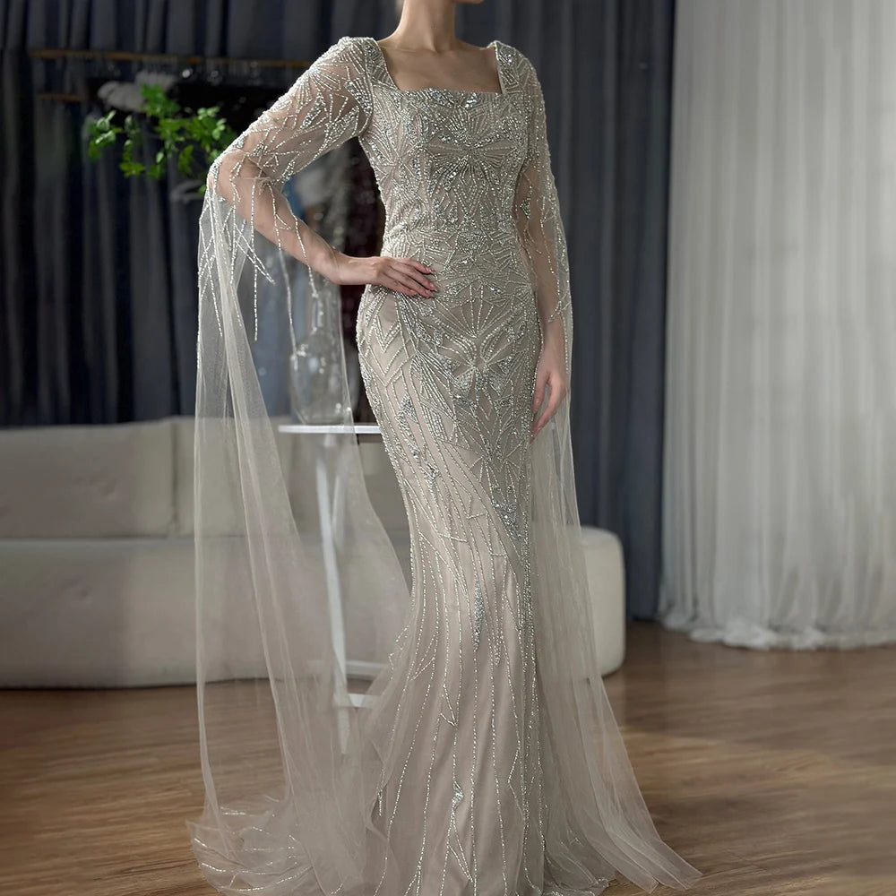 Luxury Dubai Arabic Nude Cape Sleeves Mermaid Saudi Evening Dresses Beaded Formal Party Gowns for Women - Elegant Wedding, Prom, Gala & Special Occasion Wear LA72261B