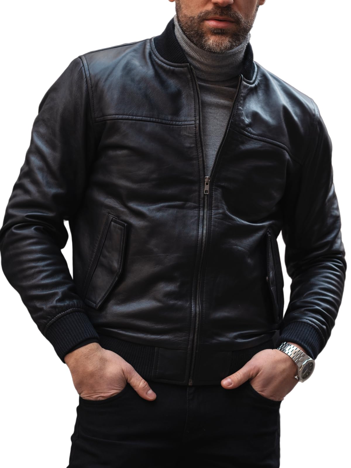 Men's Black Leather Varsity Bomber Jacket - Classic Biker Style Motorcycle Jacket for Casual Wear & Night Out | Perfect for Fall & Winter Fashion