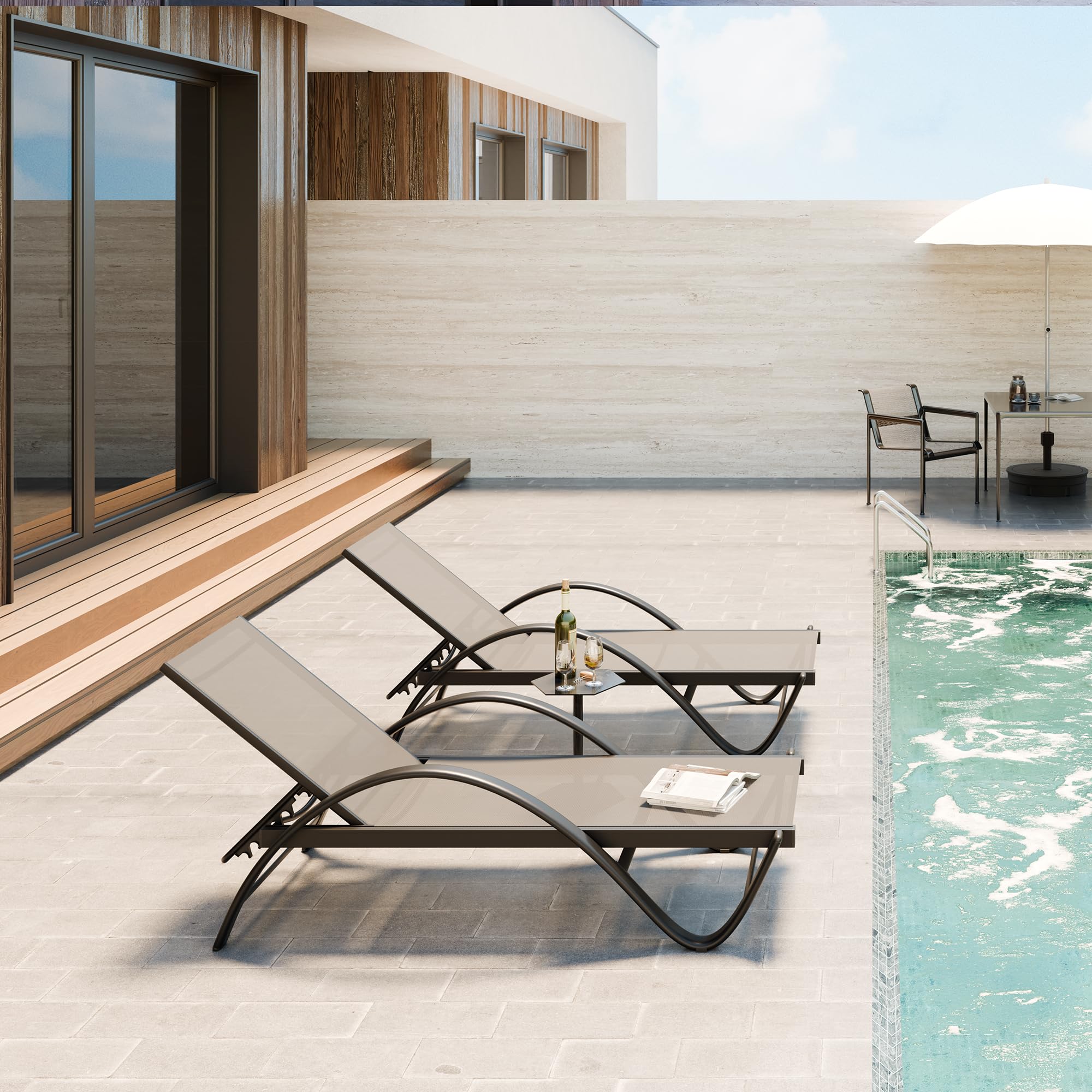 SUNLEI 2-Piece Outdoor Lounge Chair Set with Adjustable Backrest, S-Shaped Armrest & Durable Textilene Fabric - Light Grey Patio Chaise Lounges for Poolside, Garden, Deck or Backyard Relaxation