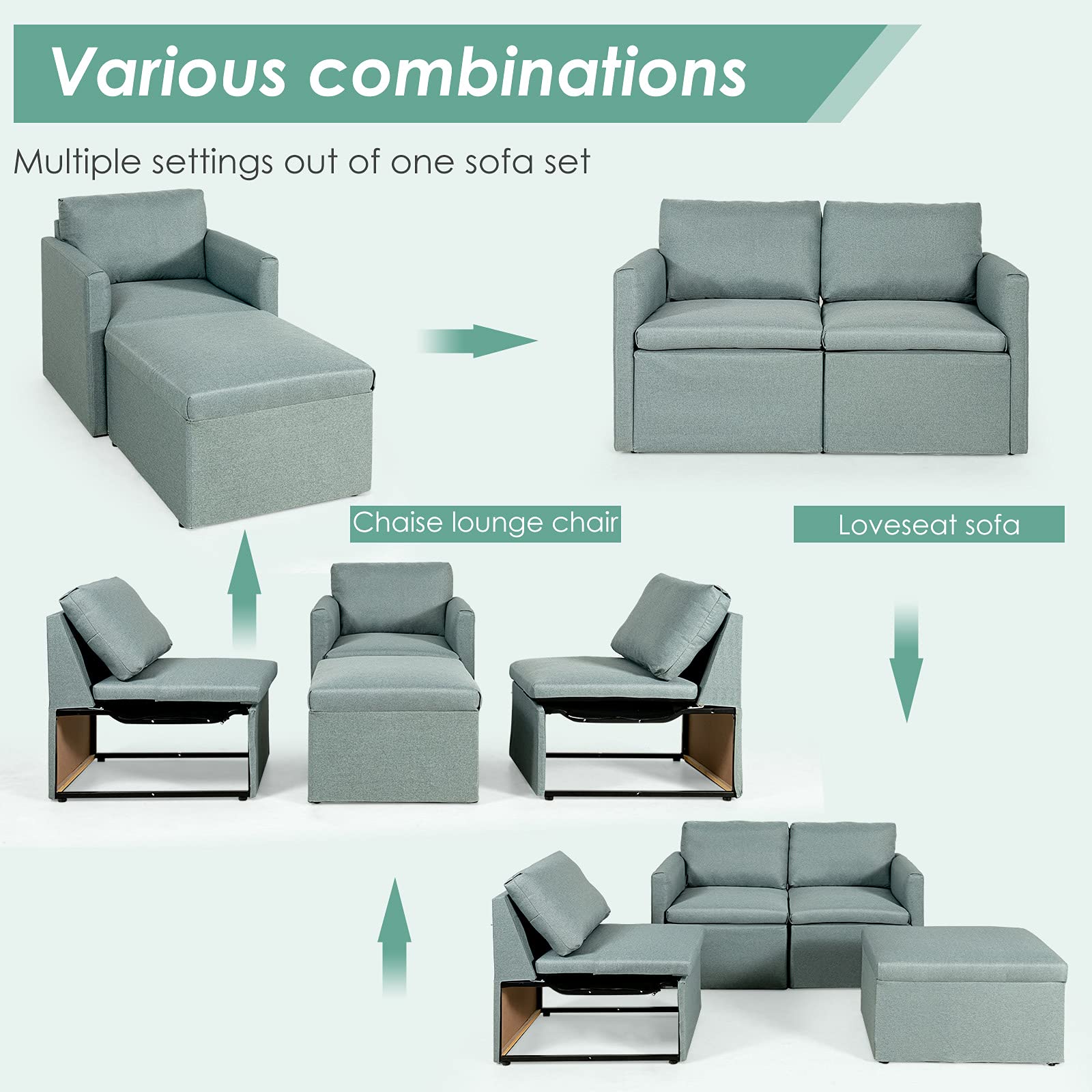 Powerstone Convertible Sectional Sofa - Modern L-Shaped Sleeper Couch with Reversible Chaise, 3-Seat Fabric Sofa Set in Green Linen | Space-Saving Living Room Furniture for Apartments & Small Spaces | Perfect for Lounging, Entertaining & Overnight Guests