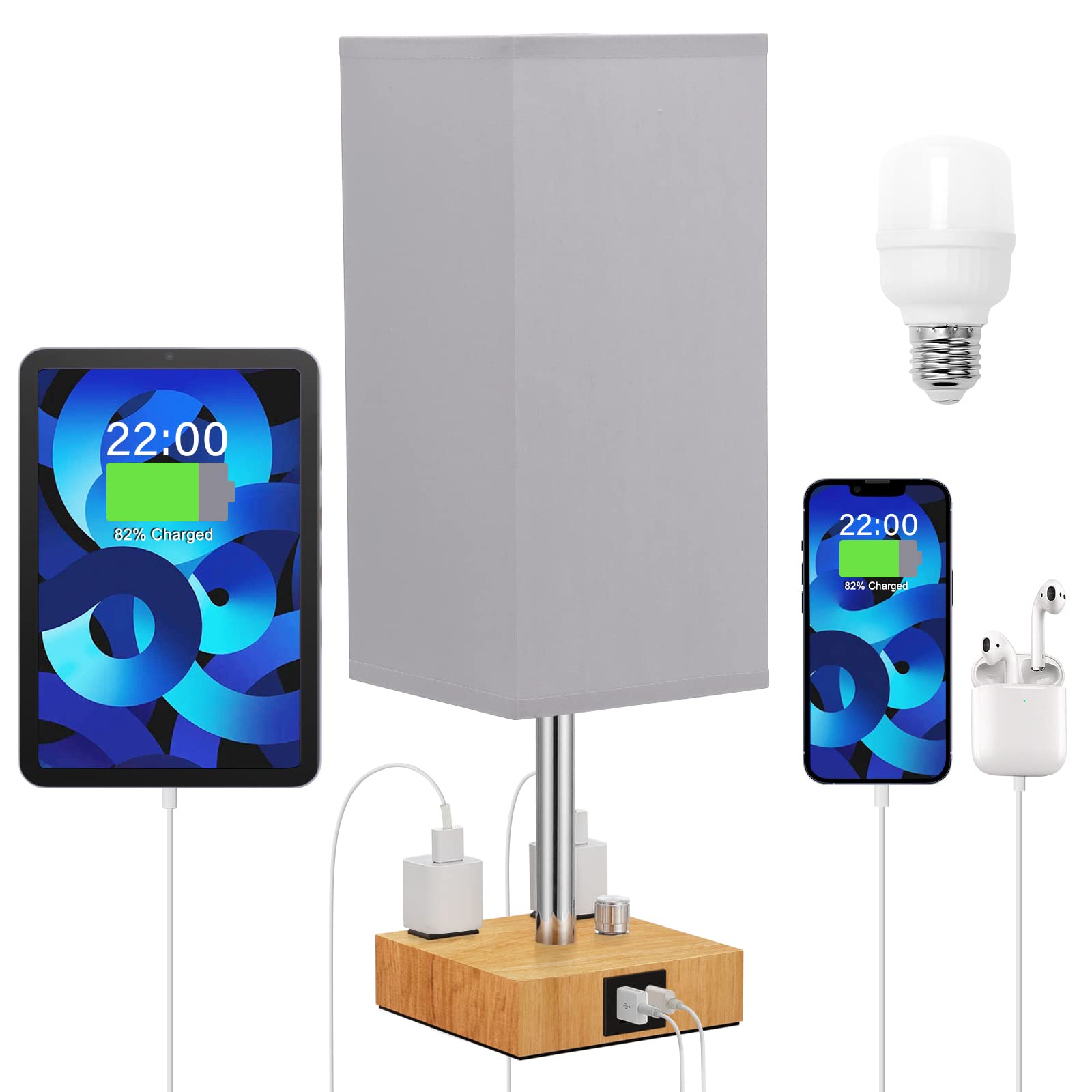 Aooshine Dimmable USB C Table Lamp with USB & AC Outlets - Adjustable Bedside Nightstand Light for Bedroom, Living Room, Home Office - Perfect for Reading, Working & Nighttime Use (Grey)
