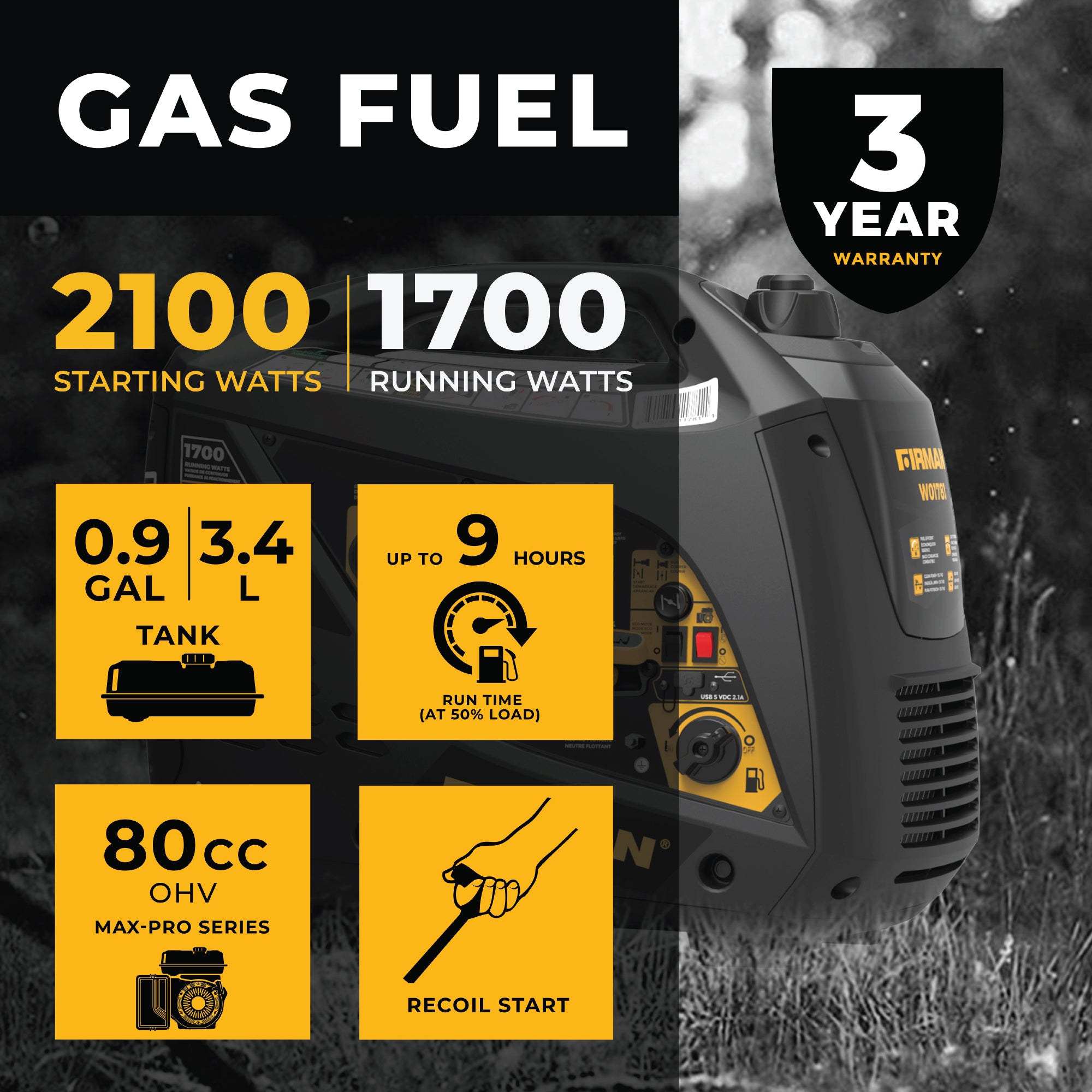 2100W Portable Inverter Generator with Recoil Start - Quiet, Reliable Power for Camping, RV Trips & Emergency Backup
