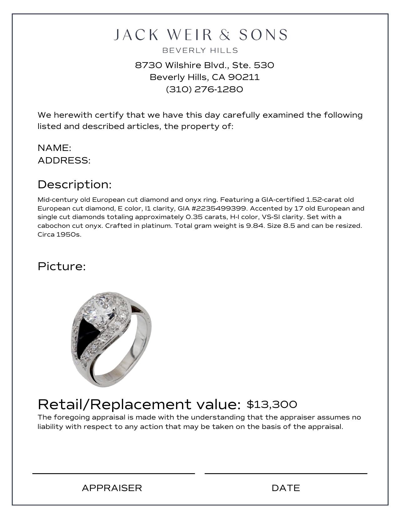 GIA Certified 1.52 Carat Old European Cut Diamond Onyx Platinum Ring - Vintage Engagement Wedding Ring for Women, Perfect for Proposals, Anniversaries & Special Occasions