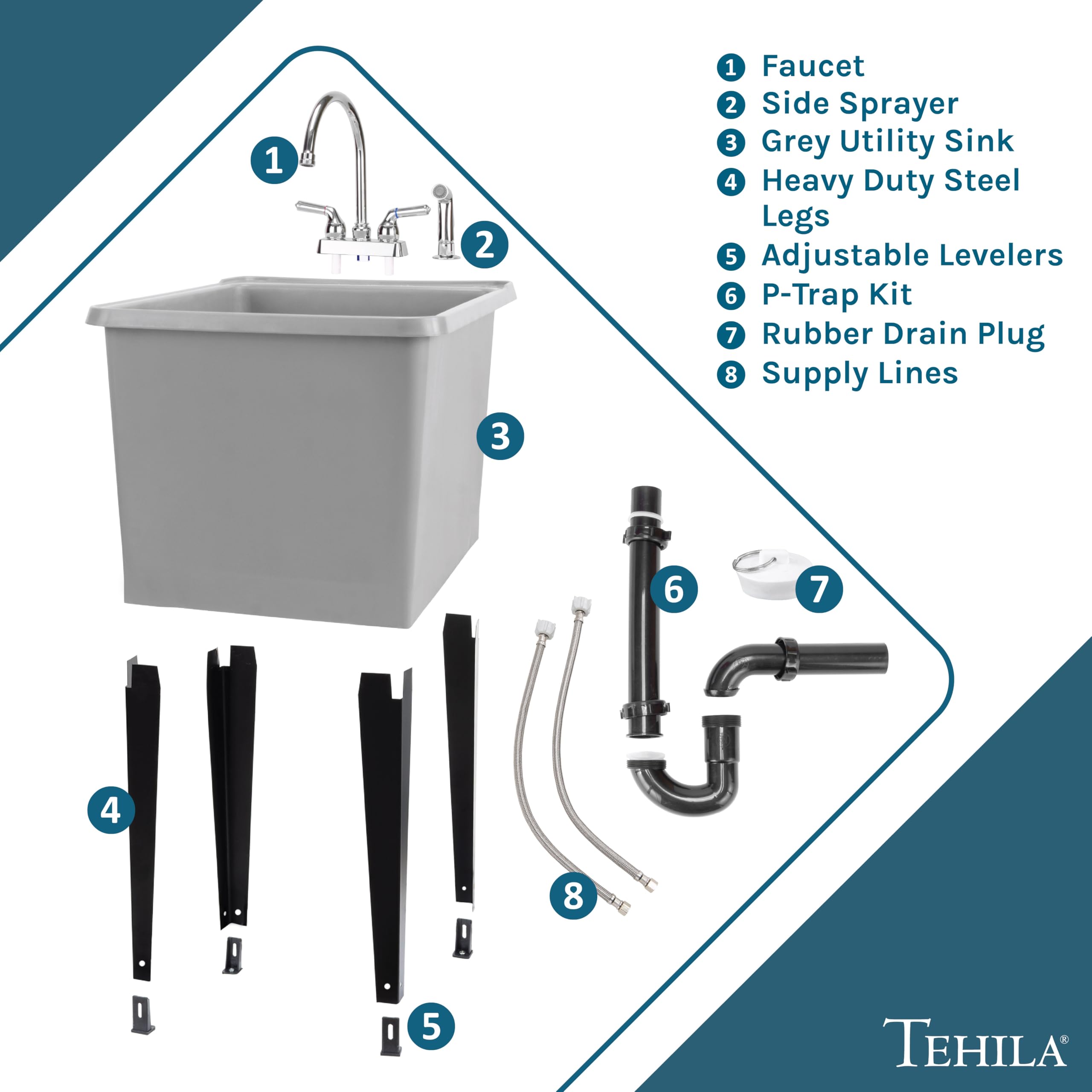 JS Jackson Supplies Grey Space Saver Utility Sink - Freestanding Laundry Tub with Chrome Gooseneck Faucet & Side Sprayer | Perfect for Small Laundry Rooms, Basements & Garages