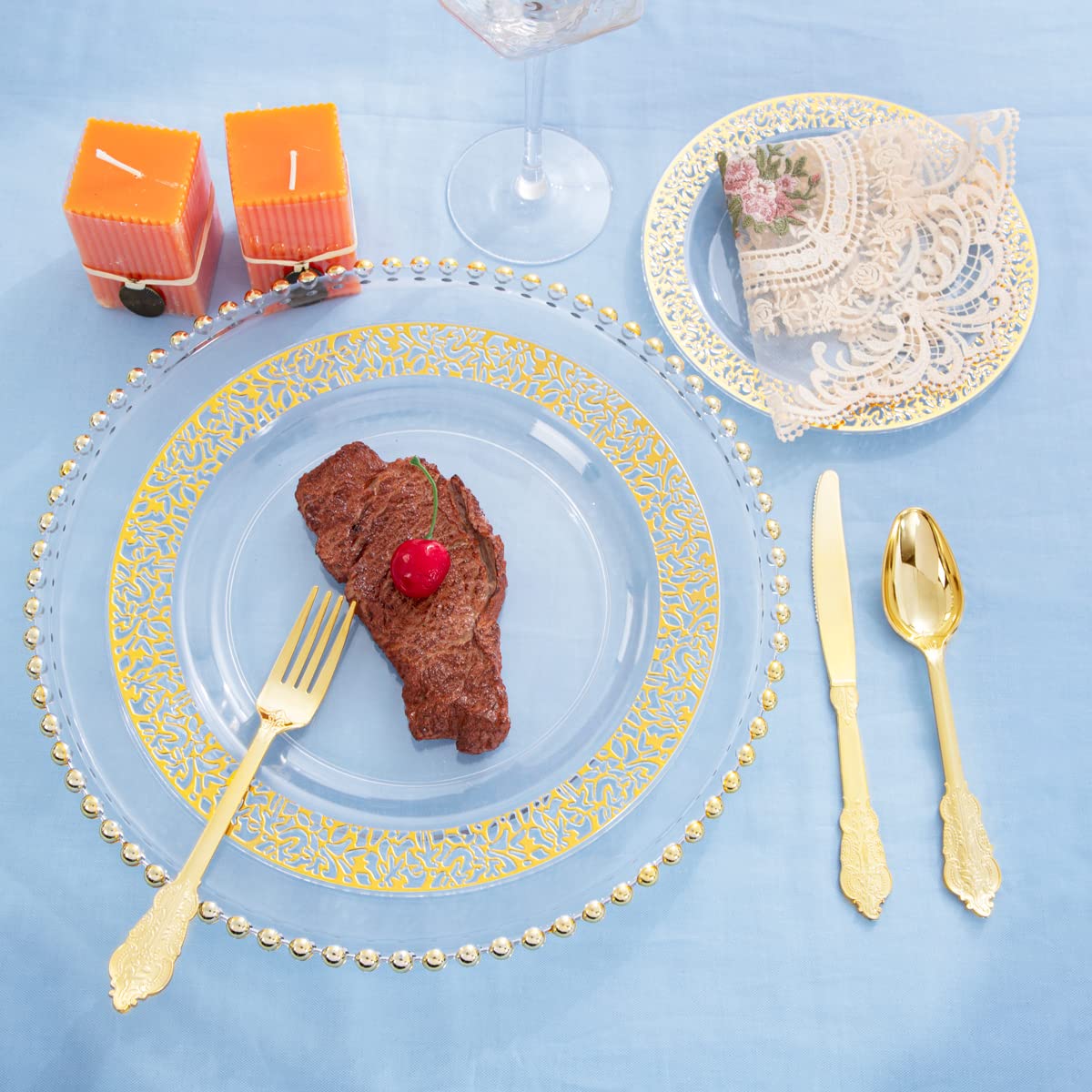150-Piece Clear Gold Lace Plastic Party Plates Set - 30 Dinner Plates, 30 Dessert Plates & 90 Gold Silverware - Elegant Disposable Tableware for Birthday, Wedding, Anniversary & Holiday Celebrations - Perfect for Indoor/Outdoor Events, Catering & Special Occasions