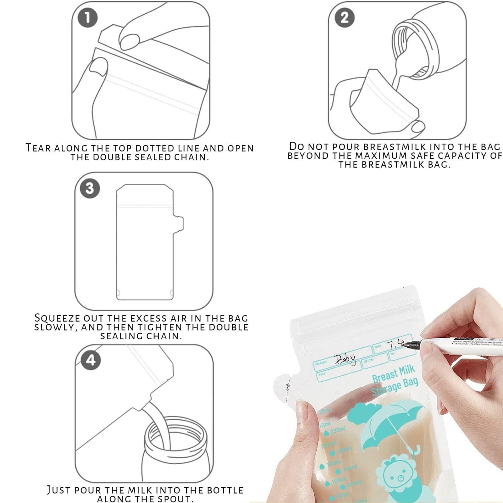 30 Breast Milk Storage Bags - 250ml Pre-Sterilized Freezer Bags with Double Leak-Proof Seal | Stand-Up Design for Easy Storage | Essential Breastfeeding Supplies for Nursing Moms | Perfect for Home, Travel, and Work Use