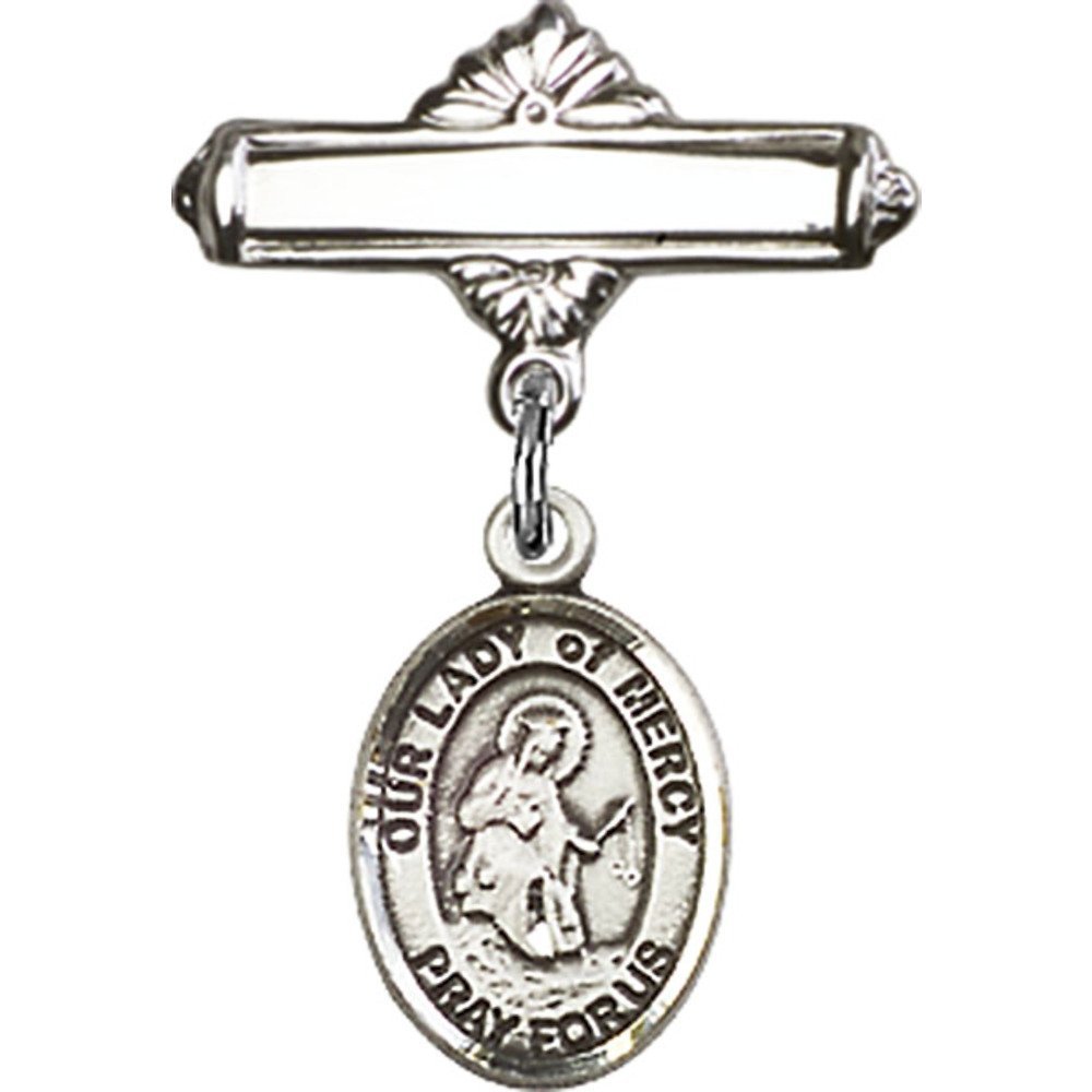 Sterling Silver Baby Badge with Our Lady of Mercy Charm - 1 X 5/8 Inch Polished Pin - Perfect for Christening, Baptism & First Communion Gifts