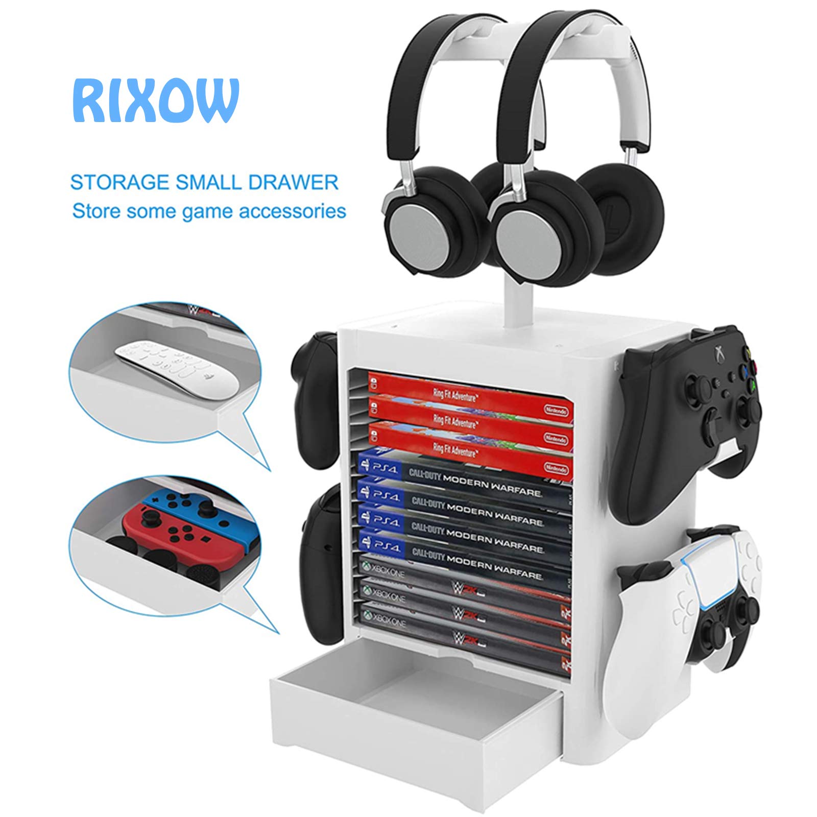 RIXOW PS5 Game Storage Stand - Holds 10 Games, 4 Controllers & 2 Headsets - Universal Organizer for PlayStation 5/PS4/Slim/Pro - Perfect for Gaming Setup & Media Storage