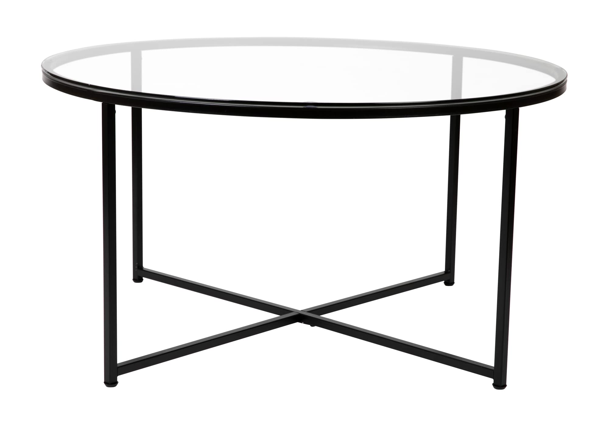 Modern Clear Glass Coffee Table with Crisscross Matte Black Frame - Flash Furniture Greenwich Collection - Perfect for Living Room, Office, or Lounge Decor