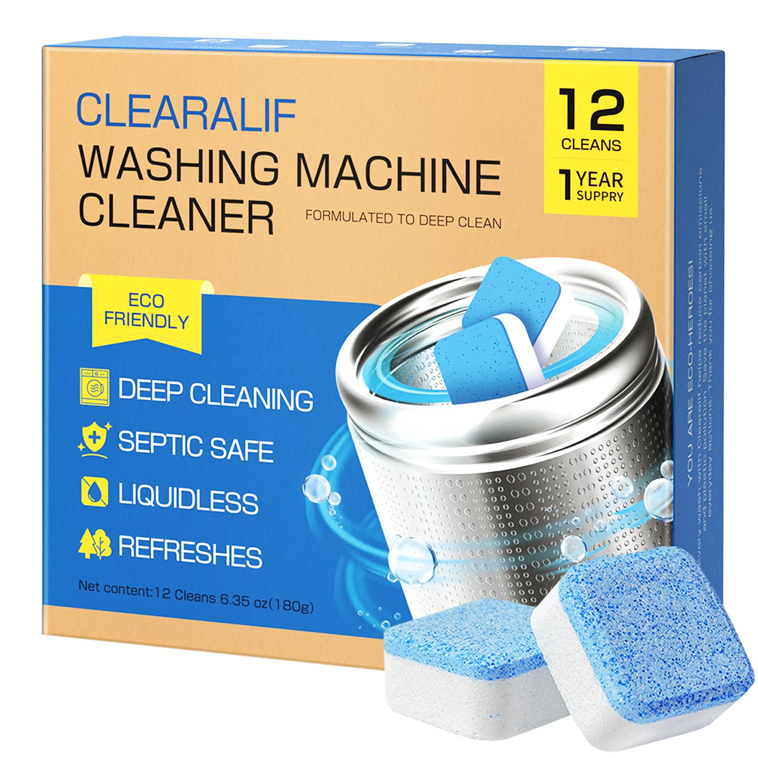 CLEARALIF Washing Machine Cleaner Tablets - 12 Pack (1 Year Supply) for HE Front Load & Top Load Washers | Deep Clean Drum & Tub Seal | Eliminate Odors & Mold | Perfect for Laundry Maintenance & Appliance Care