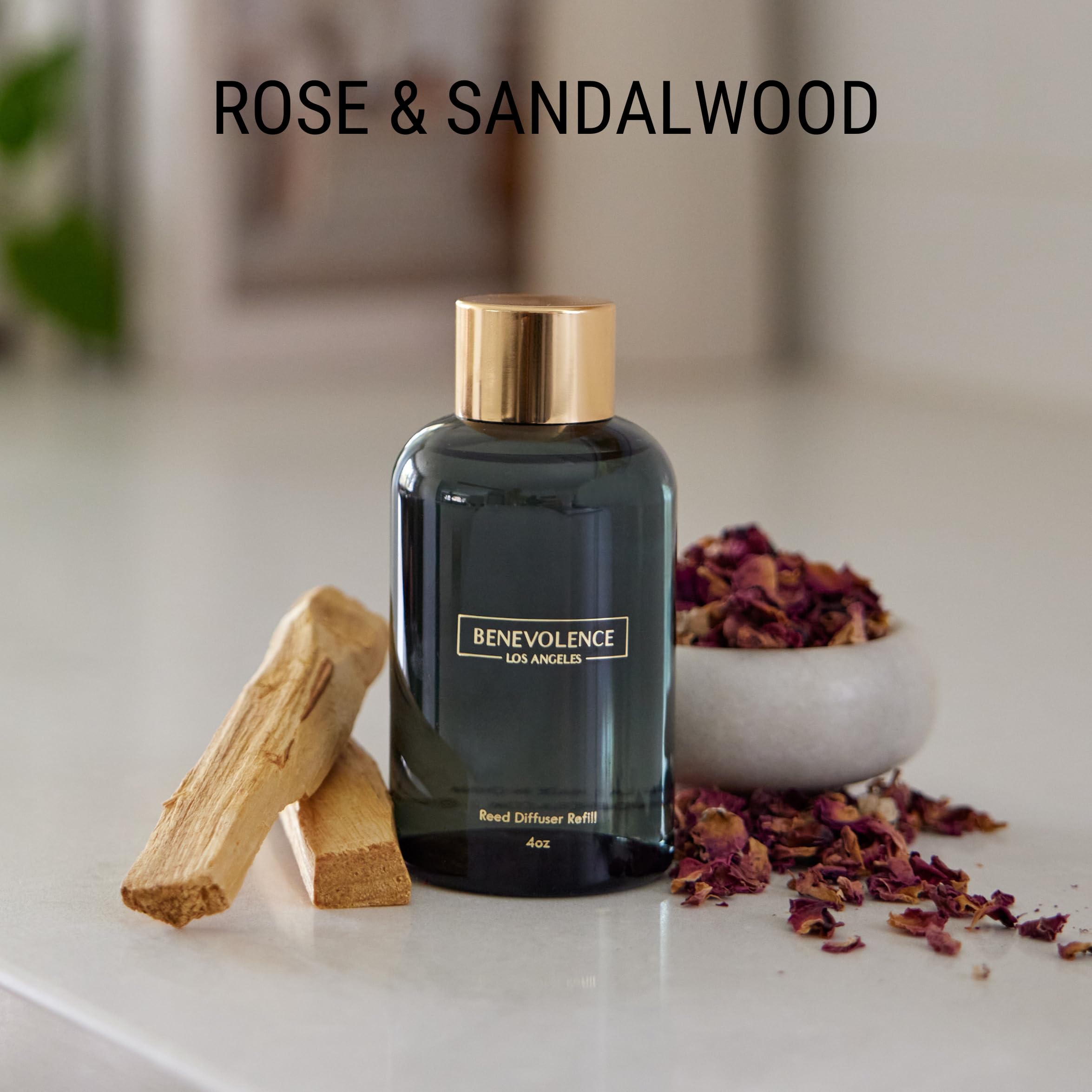 Benevolence LA Rose & Sandalwood Reed Diffuser Oil Refill - 4 oz | Long Lasting Aromatherapy Essential Oils for Home, Bathroom & Bedroom | Relaxing Fragrance for Stress Relief & Better Sleep