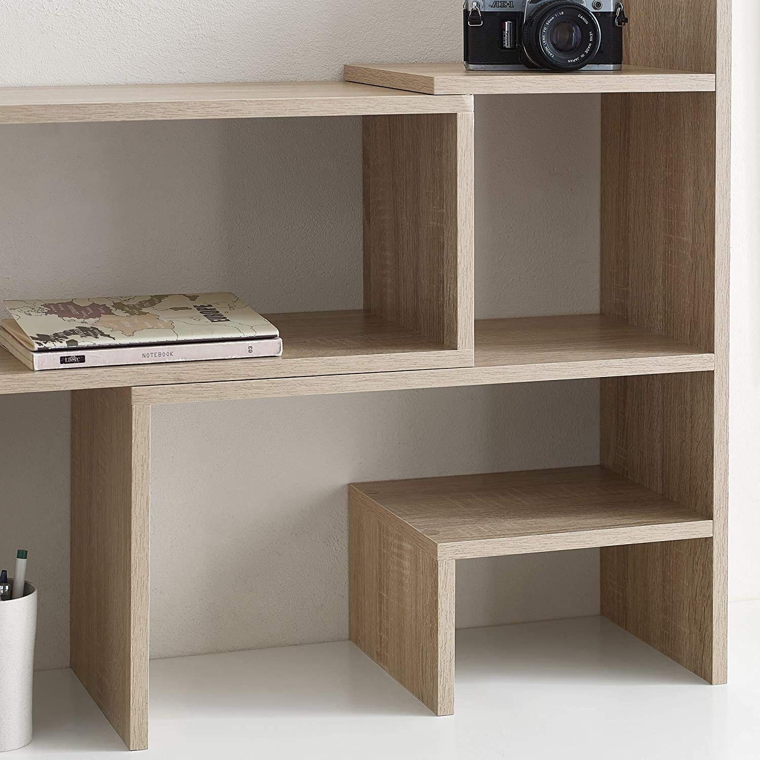 Compact Adjustable Dorm Desk Bookshelf - Space Saving Tan Wood Organizer for Small Rooms, Study Nooks & College Dorm Essentials