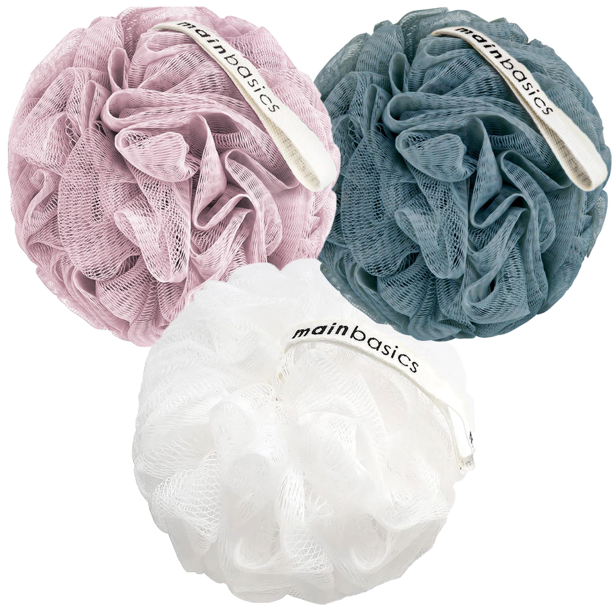MainBasics 3-Pack Bath & Shower Loofah Sponge Pouf - Exfoliating Body Scrubber for Smooth Skin, Soft Airy Blossom Design - Perfect for Daily Body Wash & Spa Exfoliation at Home