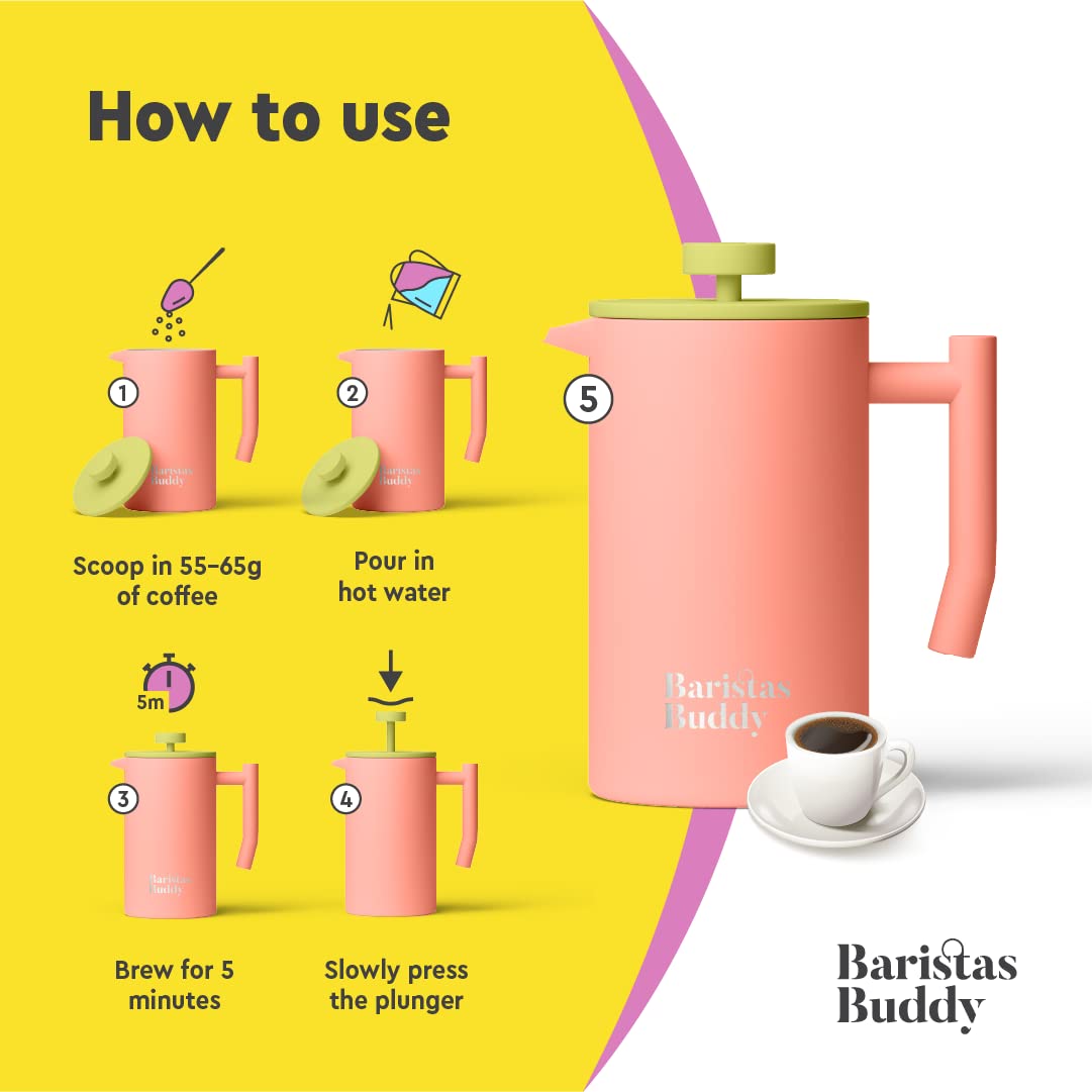 Stylish Pink French Press Coffee Maker - Retro Insulated Glass Carafe - 34oz (4 Cups) for Home, Office & Camping - Perfect for Coffee & Tea Lovers
