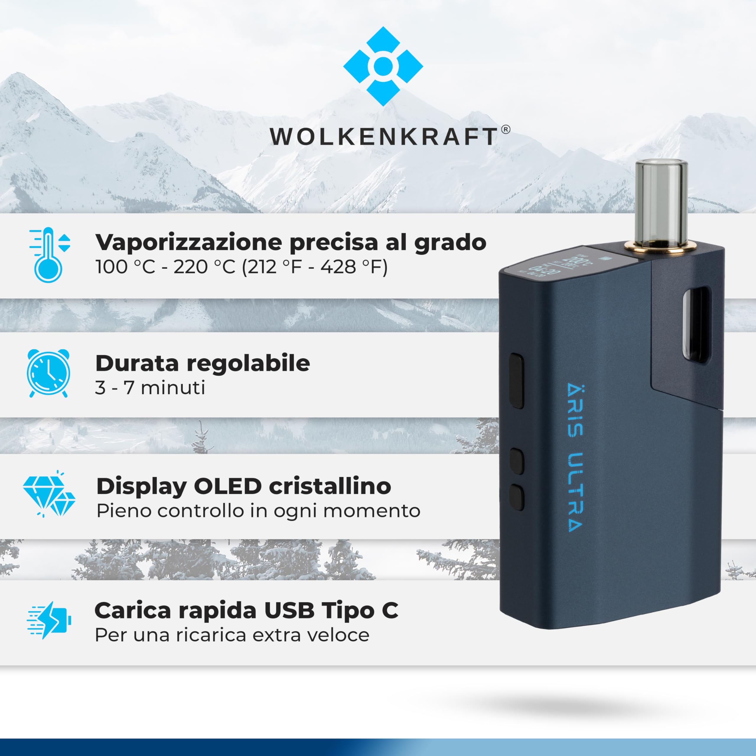 Premium WOLKENKRAFT ÄRiS ULTRA Vaporizer - USB-C | Titanium Chamber | Adjustable Temperature 100-220°C | Customizable Session Timer | ECA Convection Technology *Midnight Blue* - Perfect for Dry Herb Aromatherapy & Relaxation Sessions at Home or On-the-Go