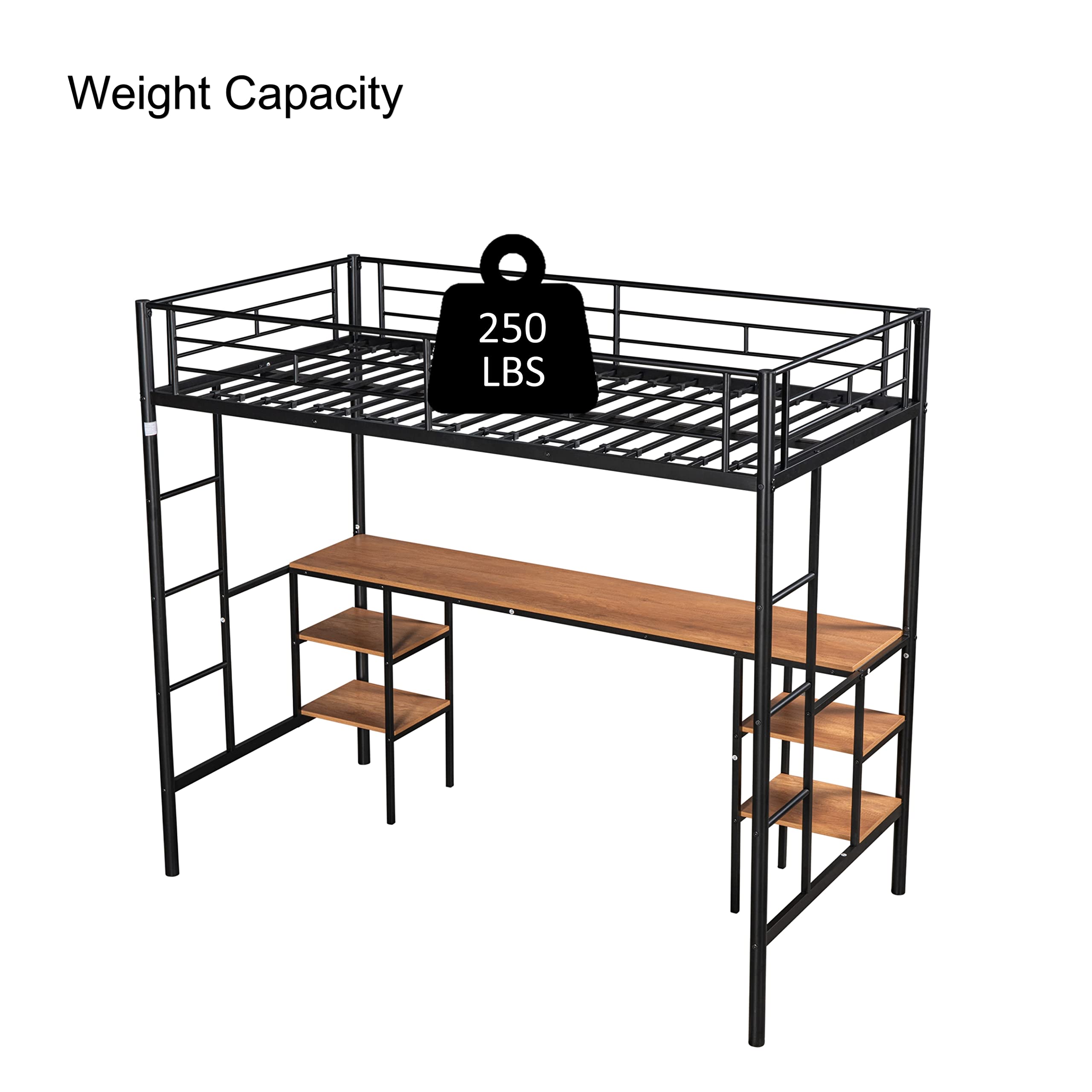 Metal Twin Loft Desk with Shelves & Storage - Sturdy Black Metal Loft Bed Desk for Small Spaces - Perfect for Dorm Rooms, Home Offices & Studio Apartments