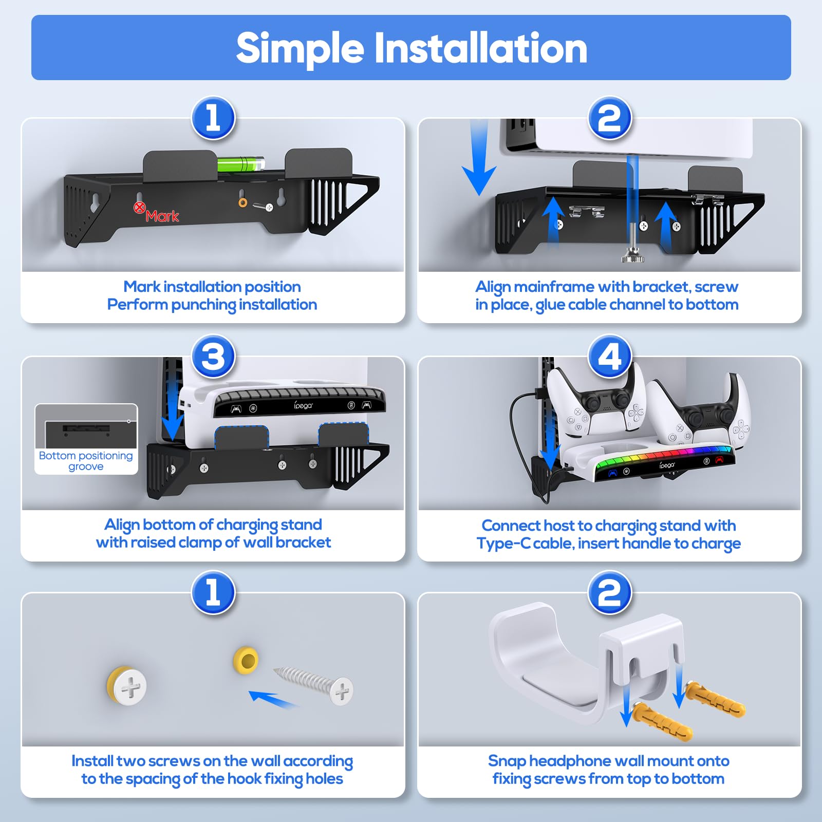 PS5 Slim/PS5 Gaming Console RGB Wall Mount Stand with Charging Station - Stable Metal Bracket for Controller Charger, Headset Holder & 3 USB Hubs (PS5 Slim Pro Disc & Digital Edition) - Perfect for Gaming Setup & Space Saving Organization