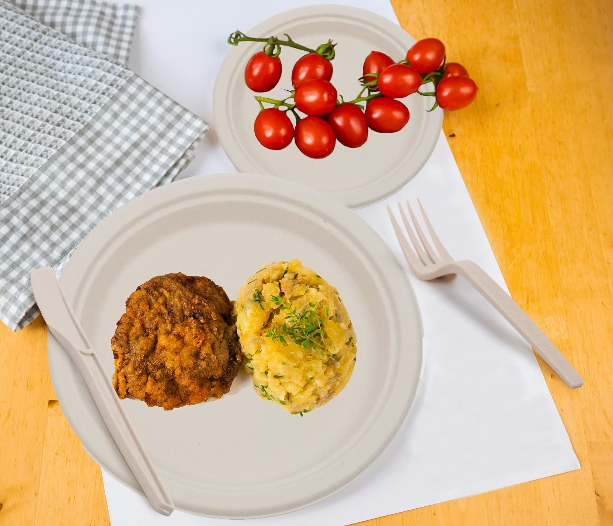 250-Piece Biodegradable Paper Plates Set with Extra Long Utensils | Eco-Friendly Sugarcane Fiber Disposable Dinnerware | Compostable Plates, Forks, Spoons & Knives for Parties, Camping, Picnics & Outdoor Gatherings
