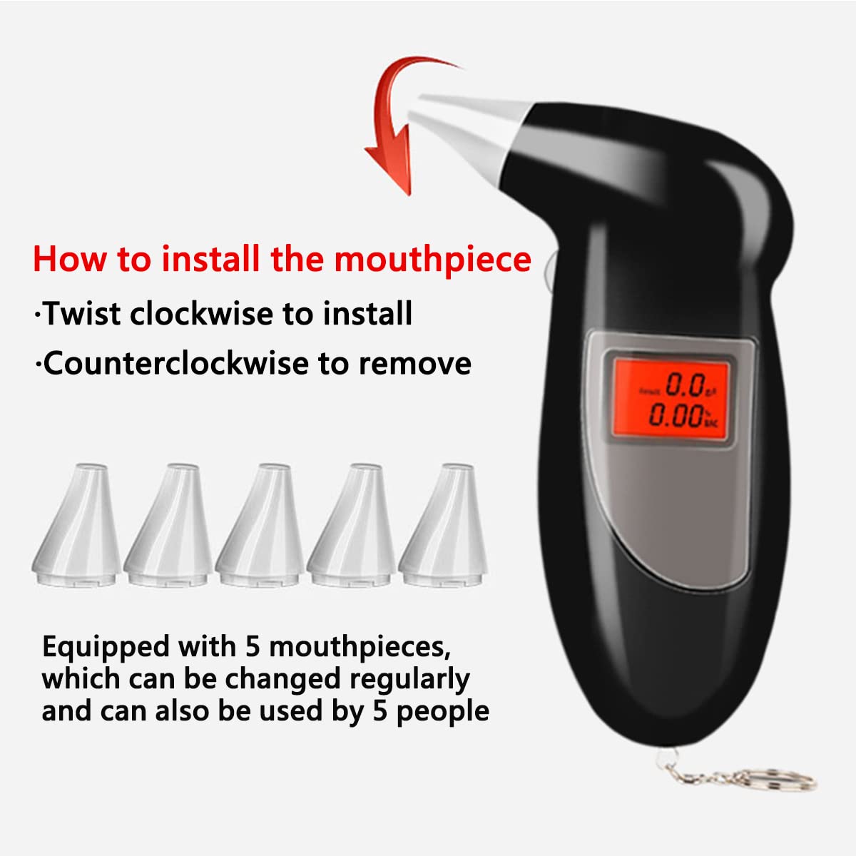 Professional Breathalyzer Alcohol Tester with LCD Display & 5 Mouthpieces - Portable BAC Tester for Drivers, Personal Use, Workplace Safety & Home Monitoring