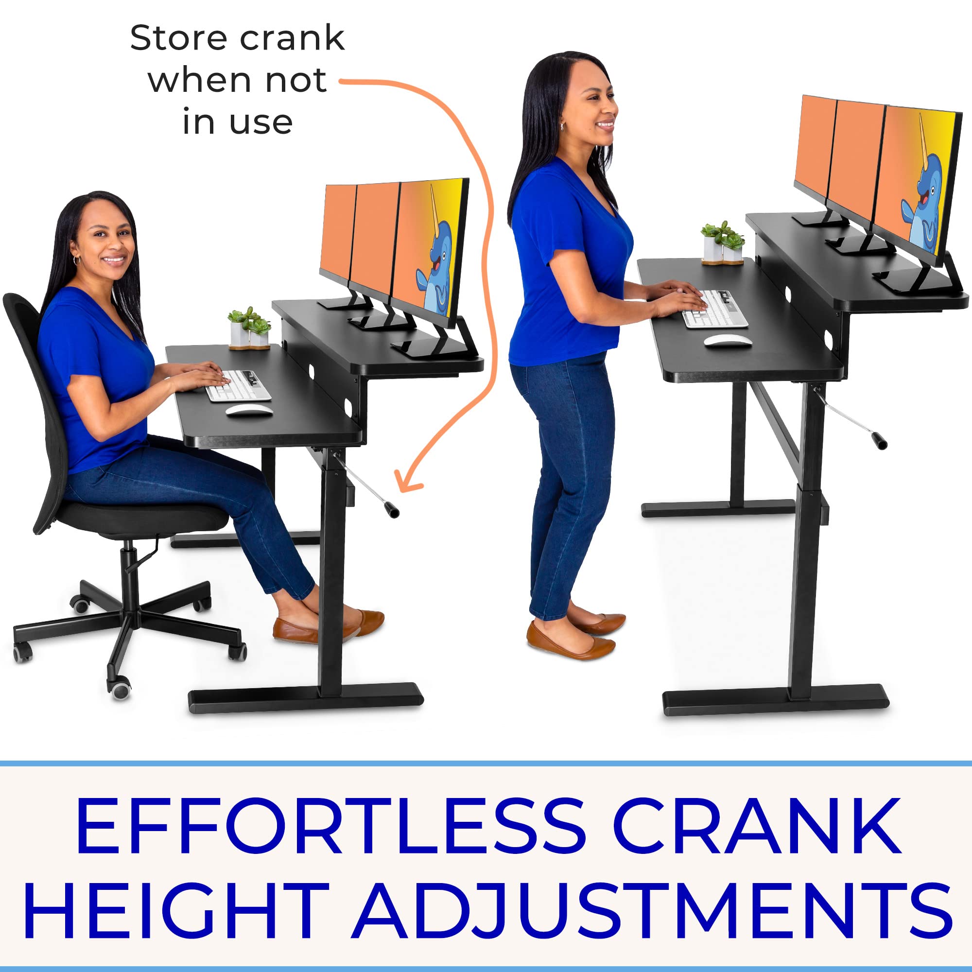 Tranzendesk 55 Inch Dual Level Standing Desk with Shelf - Adjustable Height Crank Sit Stand Workstation for Home & Office | Ergonomic Monitor Riser | Perfect for Remote Work, Gaming & Study (Black, 55in)