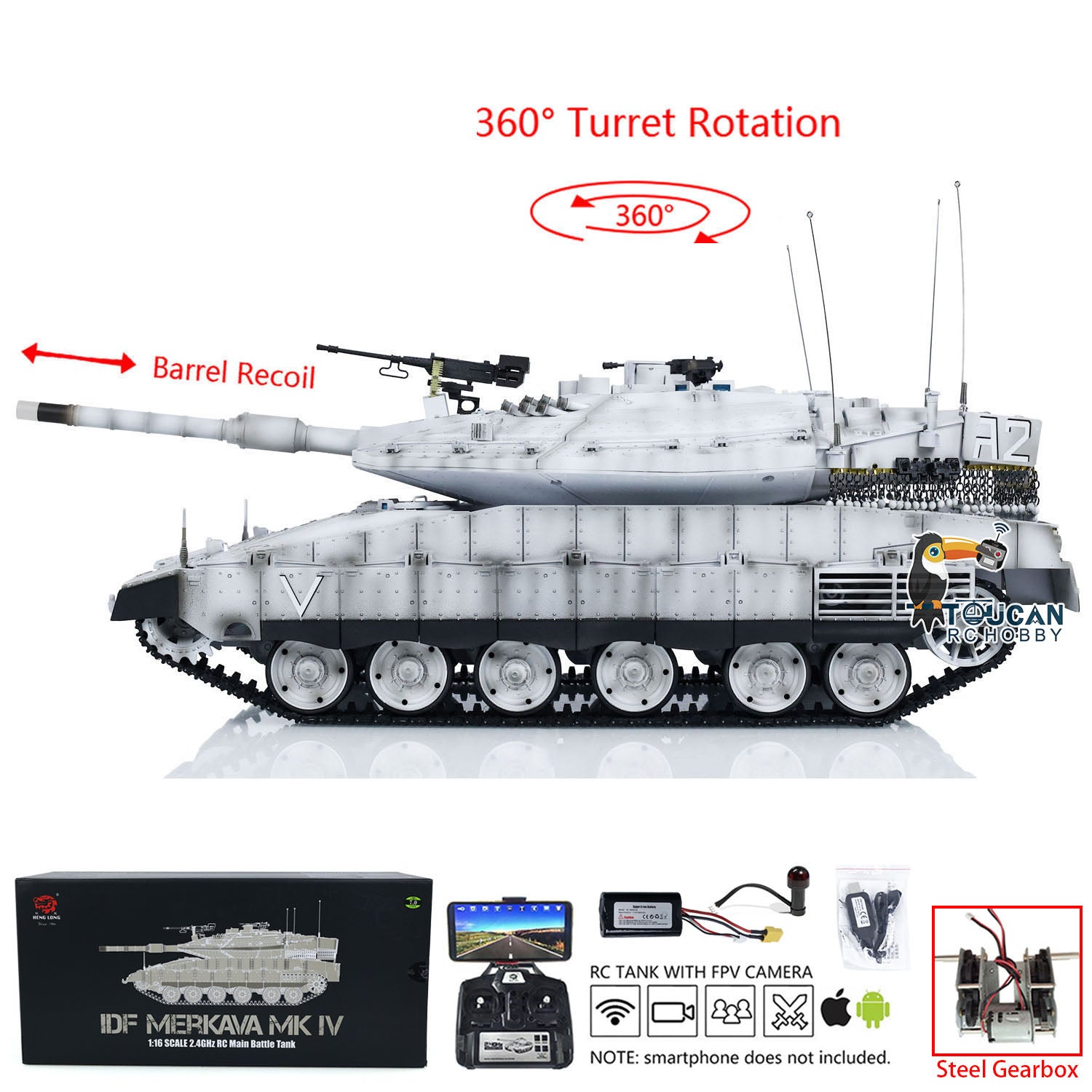 Heng Long 1/16 Scale RC Tank - IDF Merkava MK IV Metal Gearbox with FPV Camera | 360° Rotation | Military Radio Controlled Toy for Adults & Collectors | Perfect for Battle Simulation & Outdoor Play