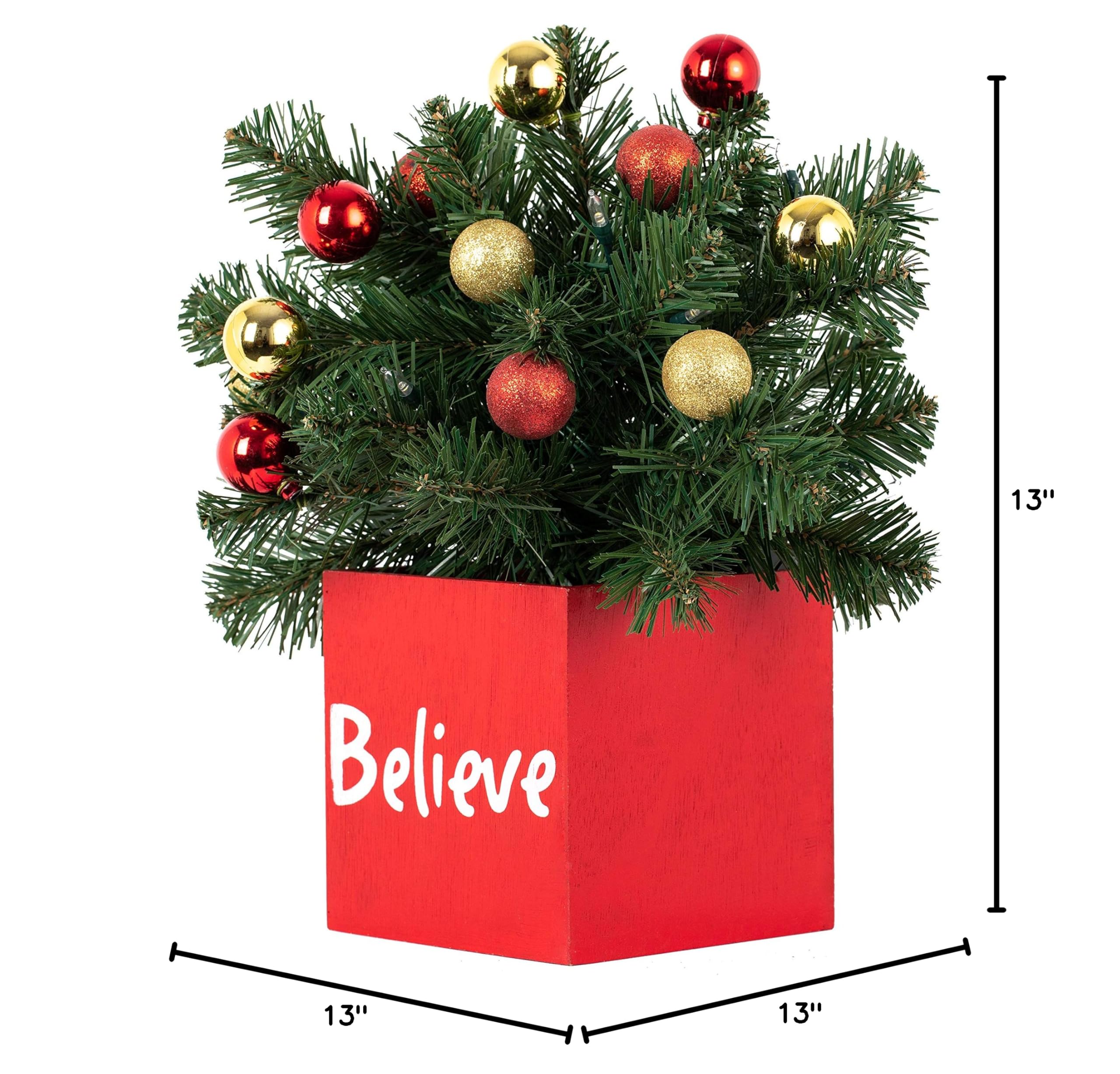 Haute Decor LED Pre-lit Believe Classic Greenery Christmas Tabletop Decor with Built-in Timer - 13 Inch Square Holiday Centerpiece for Dining Table, Mantel, and Festive Home Decor