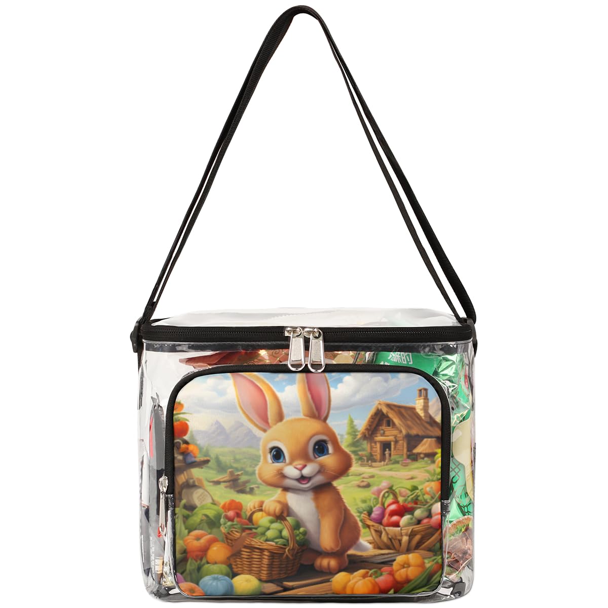 Cartoon Animal Rabbit Clear Tote Bag with Handles - Farmhouse Style Transparent Crossbody Shoulder Bag for Lunch, Outdoor, Travel, Picnic, Concerts & Sports Events - Stadium Approved Multipurpose Carryall (Perfect for Beach Days, Music Festivals & School Essentials)