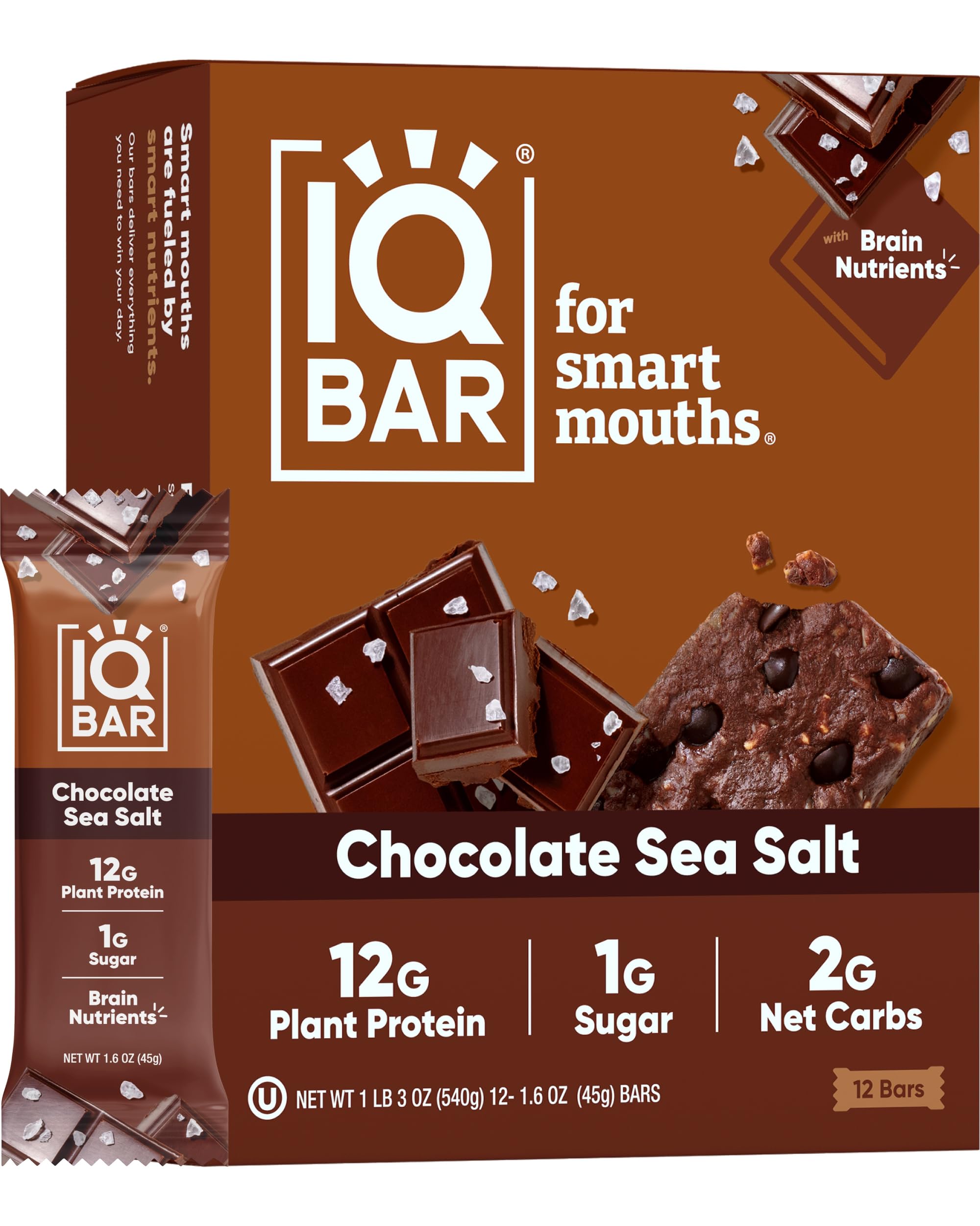 IQBAR Vegan Protein Bars - Chocolate Sea Salt, 12-Count | Low Carb Gluten-Free Snacks for Workout & Travel