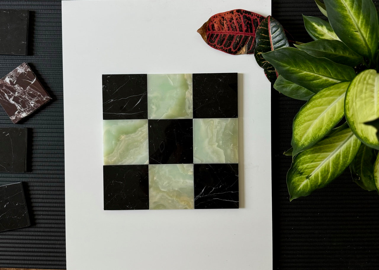 Premium Green Onyx and Nero Marquina Checkerboard Tiles - Polished or Honed Finish for Kitchen Backsplash, Bathroom Flooring, and Commercial Spaces