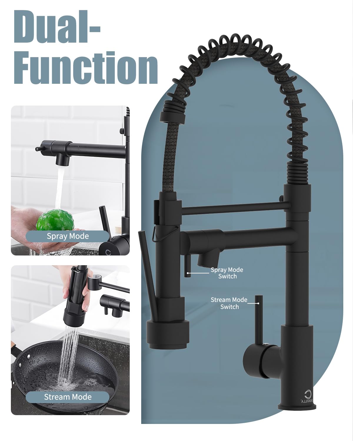 Black Kitchen Faucet with Pull Down Sprayer - Single Handle Stainless Steel Sink Faucet, Dual Function Spray Head for Modern & Farmhouse Kitchens | Perfect for Washing Dishes, Filling Pots & Cleaning Sinks (Model KF-B-8001)