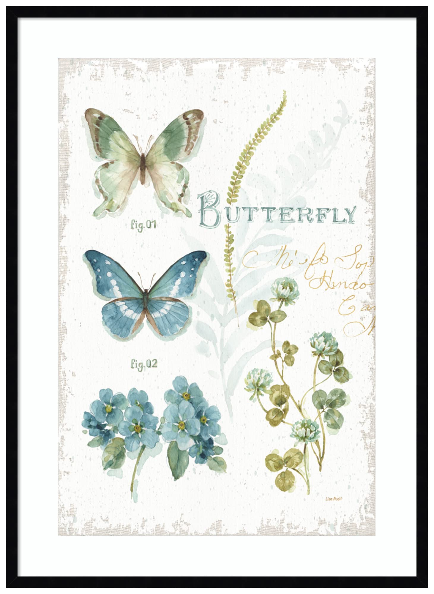 Amanti Art Wood Framed Wall Art Print - My Greenhouse Botanical Butterfly by Lisa Audit, 30x41 Inches, Svelte Noir Black Frame - Large Size Home Decor for Living Room, Bedroom & Office