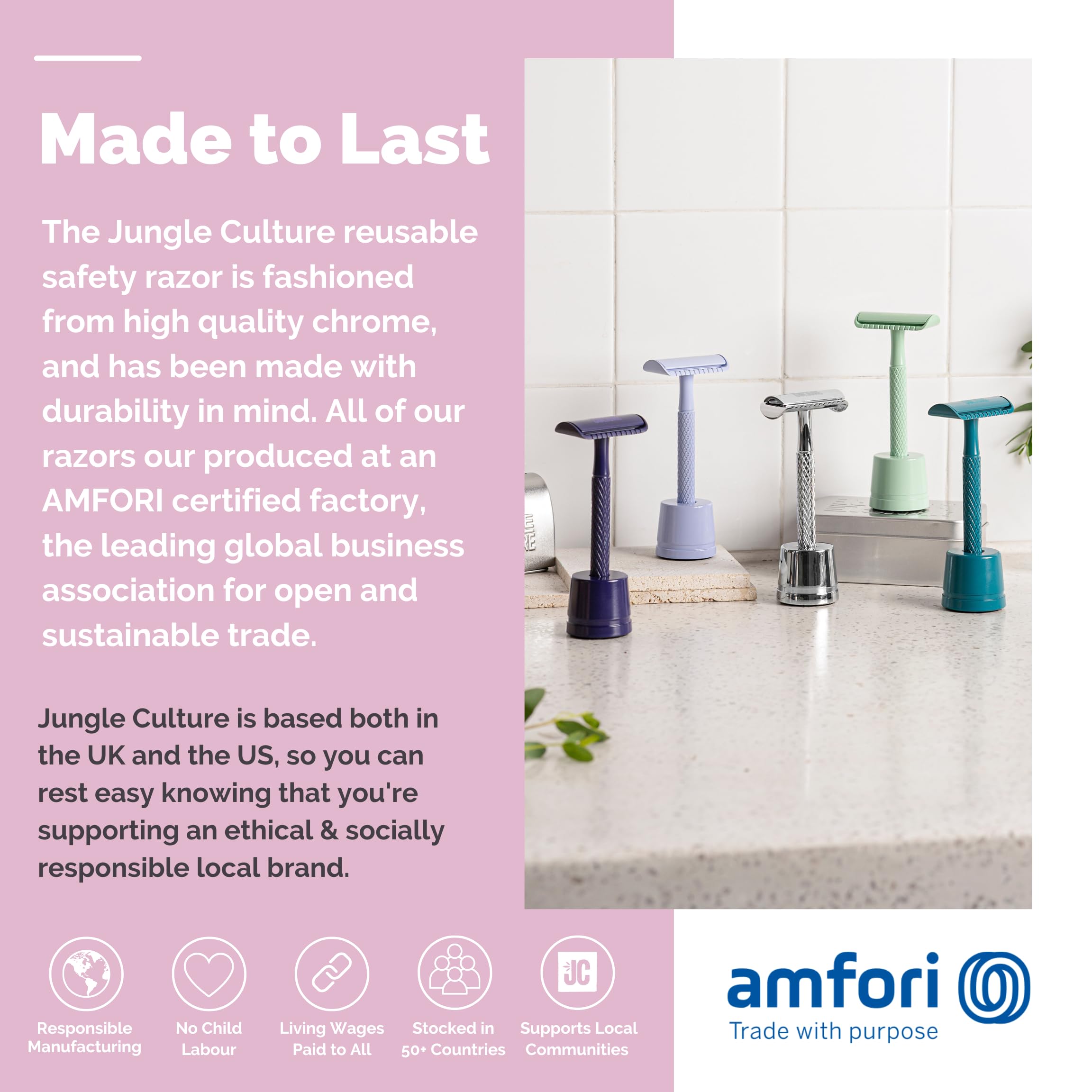 Jungle Culture Stainless Steel Safety Razor & Stand with 10 Double Edge Blades - Eco-Friendly Metal Razor for Women & Men - Face & Body Shaving - Reusable Wet Shaver (Pink) - Perfect for Travel, Home Use & Sustainable Grooming Routine