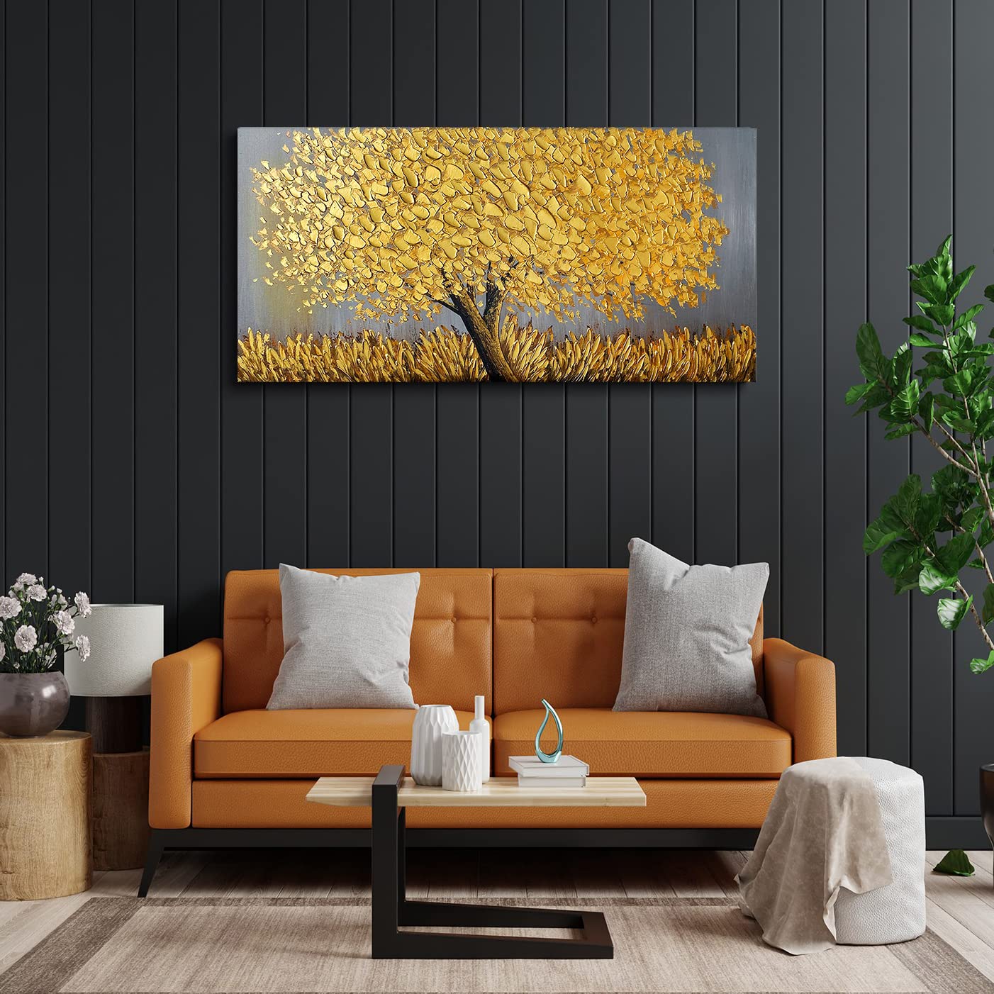 Faicai Art Thick Texture Gold Tree Oil Painting - 3D Palette Knife Canvas Artwork Wall Decor (24x48 Inches) Stretched & Ready to Hang - Perfect for Living Room, Bedroom, Office & Modern Interior Design