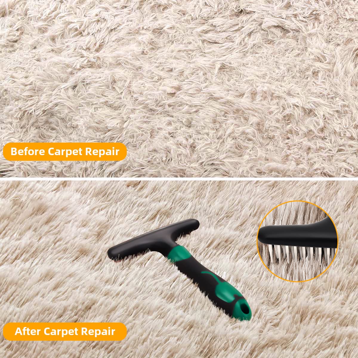 Premium Carpet Rake & Groomer - Shag Rug Rake with Ergonomic Silicone Handle, Pet Hair Remover & Deshedding Brush for Dogs, Perfect for Carpet Restoration and Deep Cleaning (Green) - Ideal for Home, Office, and Pet-Friendly Spaces