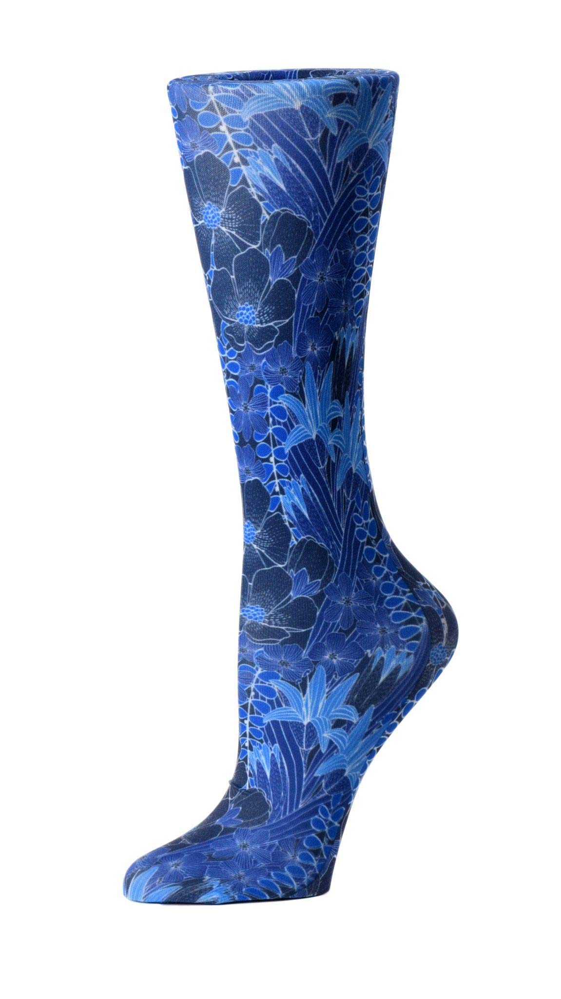 Compression Socks for Women & Men - 10-18mmHg Graduated Support, Wide Calf Knit Design with Blue Floral Pattern - Ideal for Travel, Nursing, Running & Varicose Vein Relief
