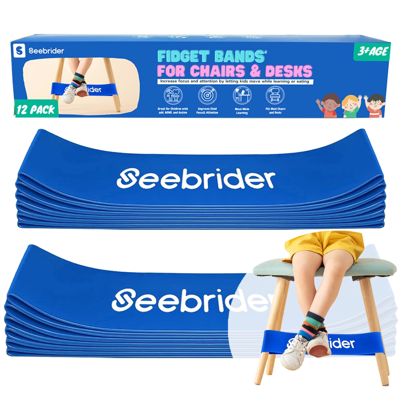 12 PCS Fidget Bands for Kids - Stretchable Chair Bands for Sensory Needs, ADHD & Fidgety Feet - Blue Classroom Foot Bands for Desks & Chairs - Improve Focus & Reduce Anxiety in School & Home Learning