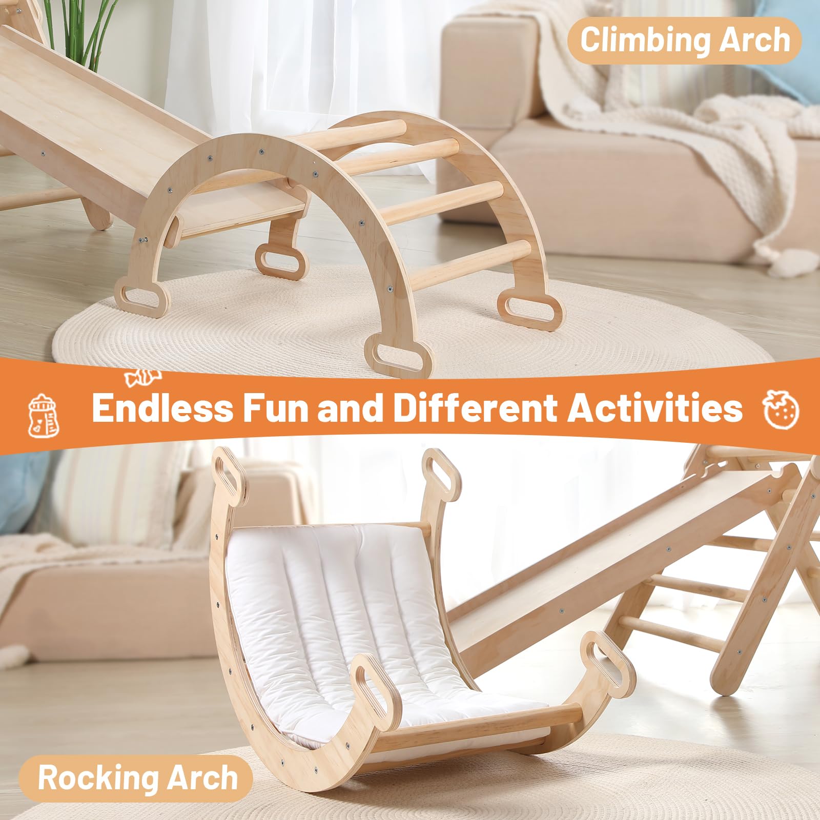 5 in 1 Wooden Climbing Toys for Toddlers - Foldable Montessori Climbing Triangle, Arch Climber & Ramp - Indoor/Outdoor Play Gym for Babies & Kids - Perfect Gift for Boys & Girls (Natural Wood) - Great for Playrooms, Backyards & Montessori Learning Activities