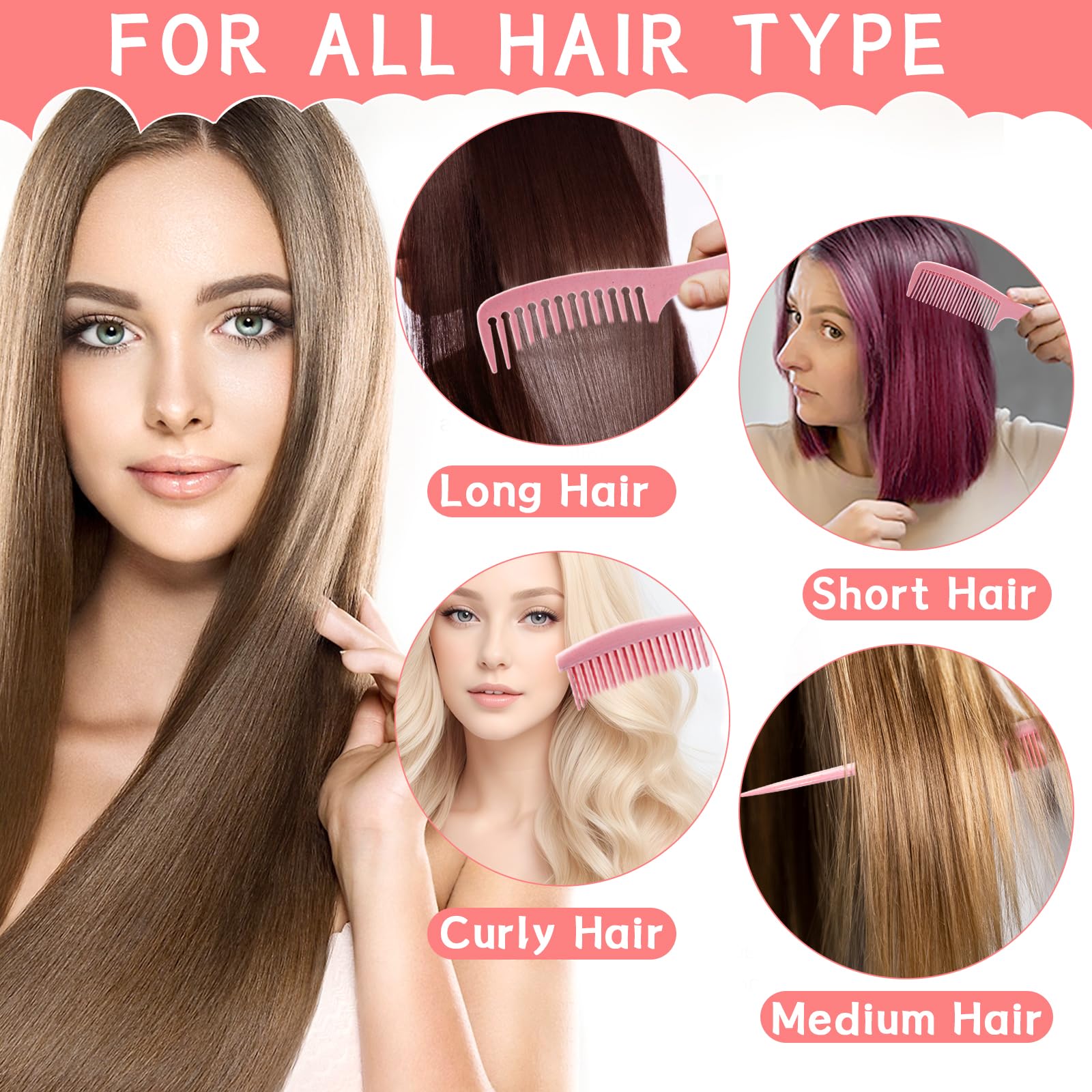 START MAKERS 5-Piece Hair Comb Set for Women & Men - Wide Tooth, Fine Tooth, Rat Tail, Parting & Double-Wide Combs for Detangling, Styling Wet, Wavy, Curly & Thick Hair (Pink) - Perfect for Salon, Home & Travel Use
